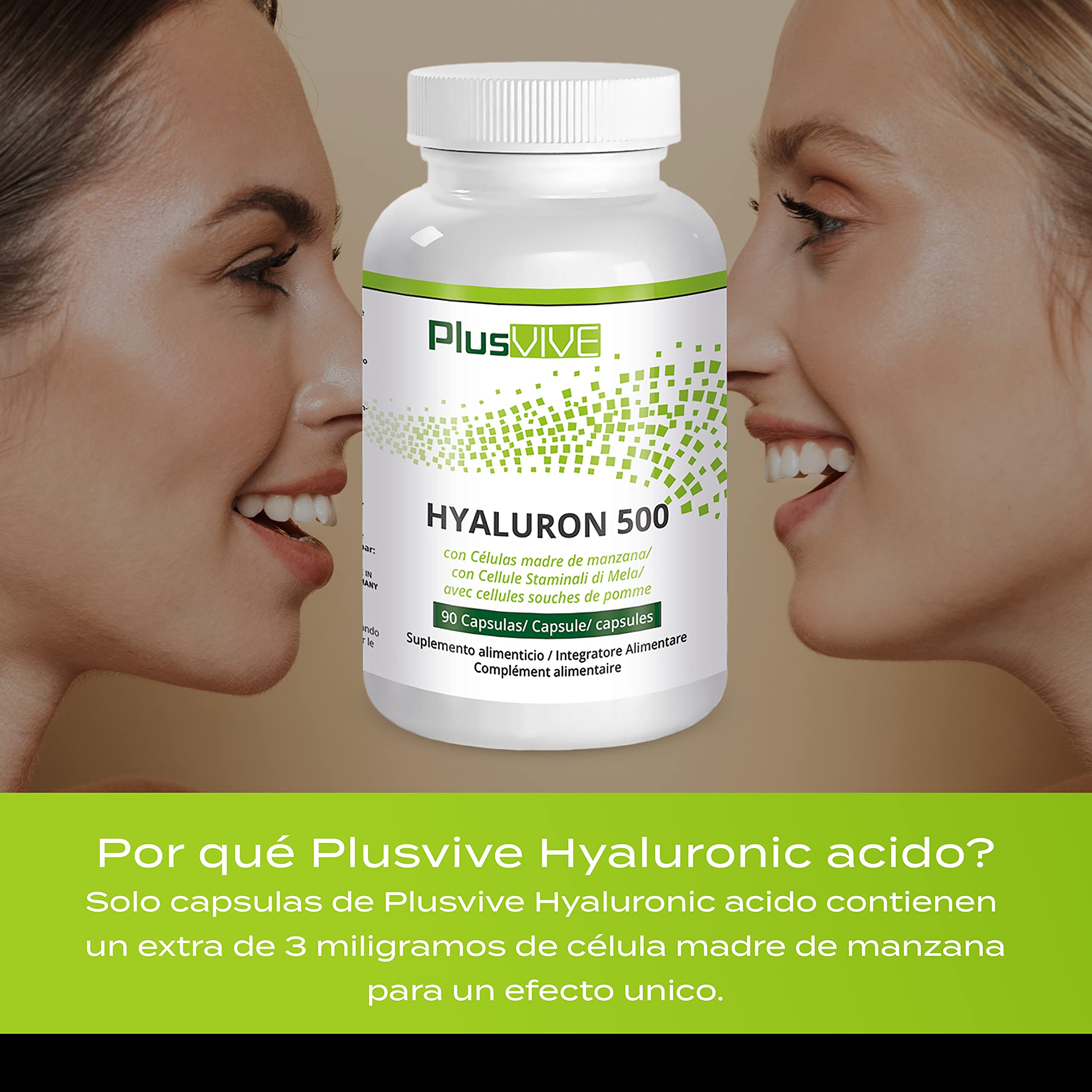 Plusvive - Ácido Hialurónico 90 cápsulas con 500 mg hialurónico vegano - 500-700 kDA - con extracto de manzana