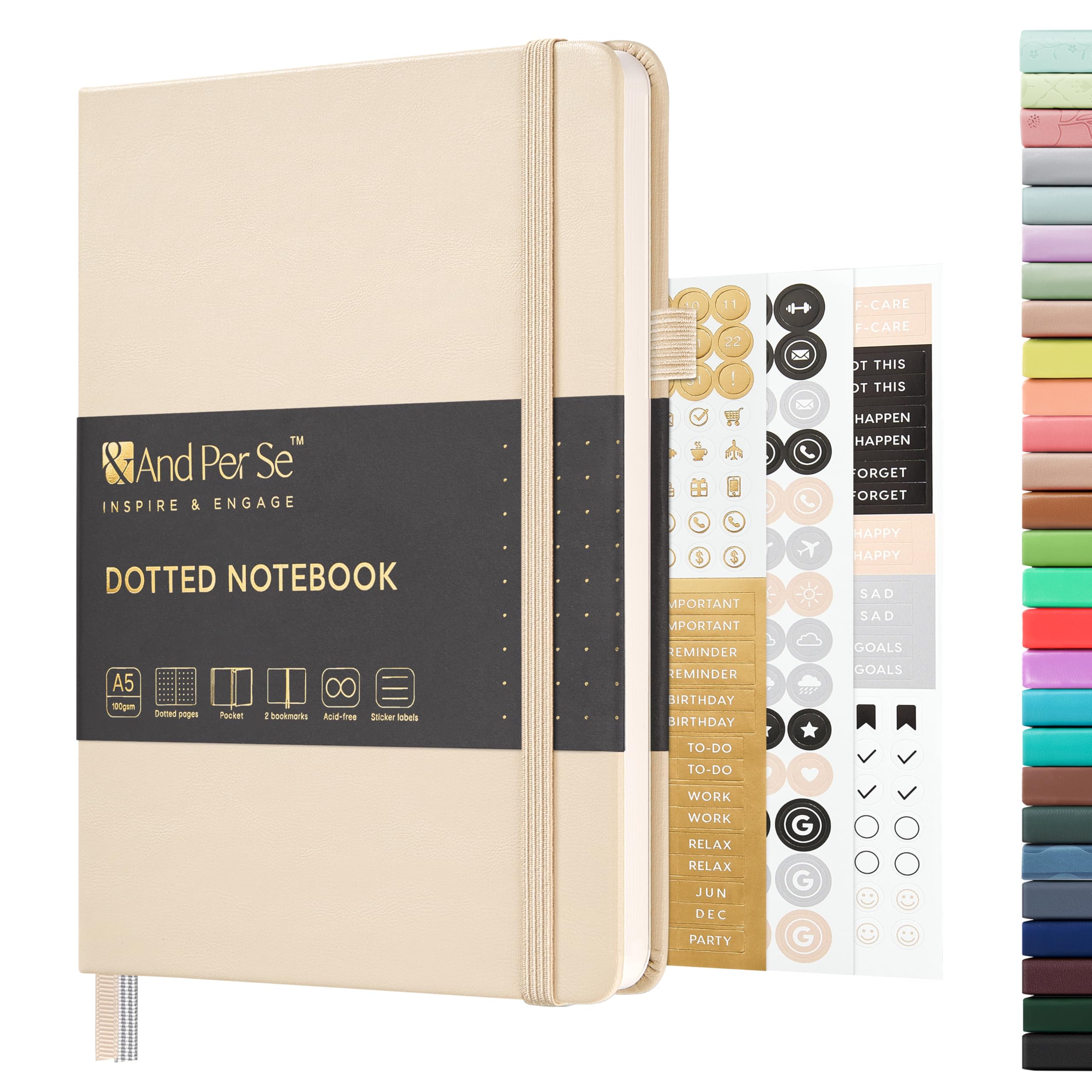 &And Per Se Dotted Journal Notebook, A5 Hardcover Leather Bullet Dotted Journal, 160 Pages 100 gsm Thick Dotted Paper，3 Stickers Included for Women Men, Work Office or School - 5.7'' x 8.3'' (Light