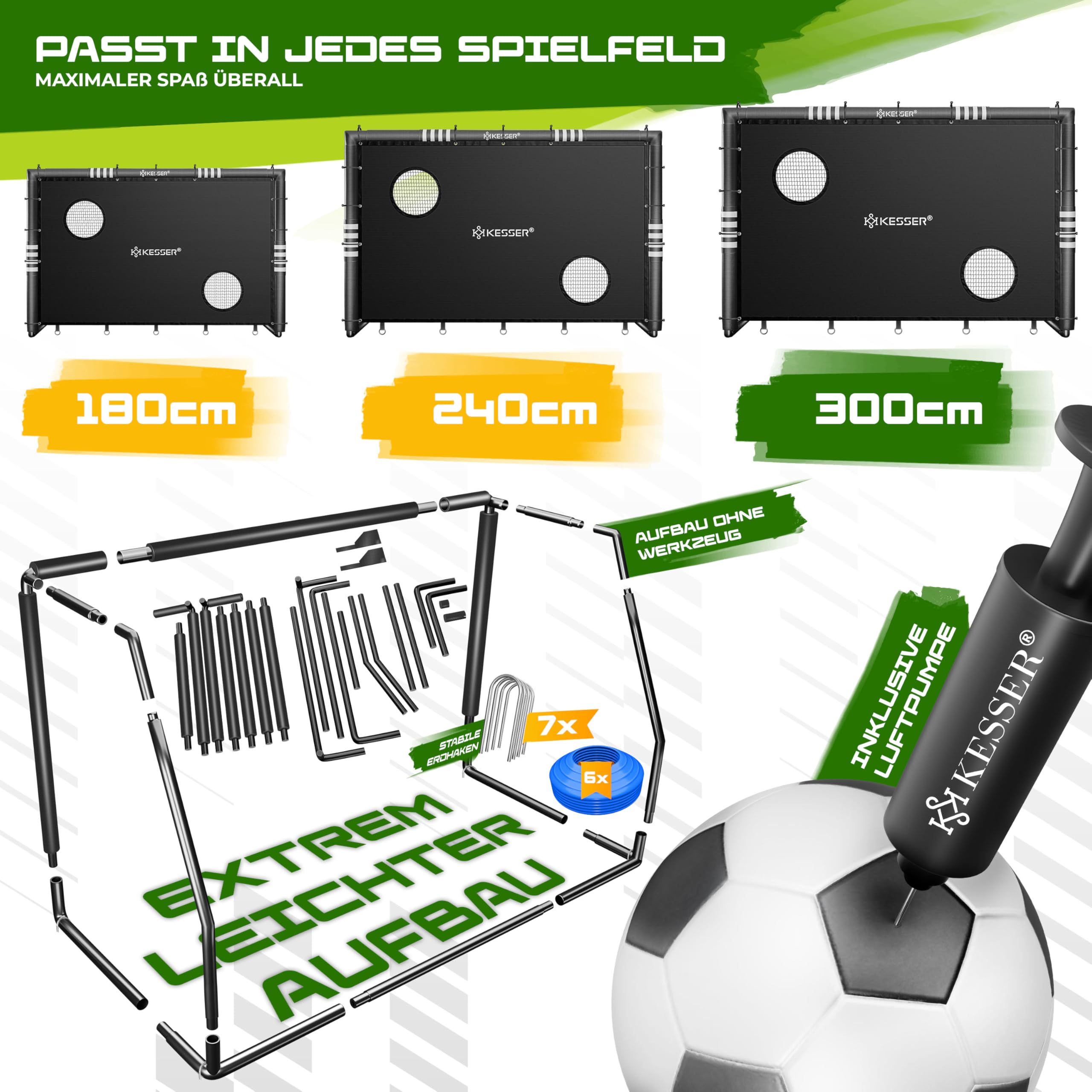 KESSER® Porta da calcio – Porta da calcio di alta qualità 240 cm, rete resistente ai raggi UV, telaio in acciaio con imbottitura, gancio a terra, pompa ad aria, capanna, accessori di