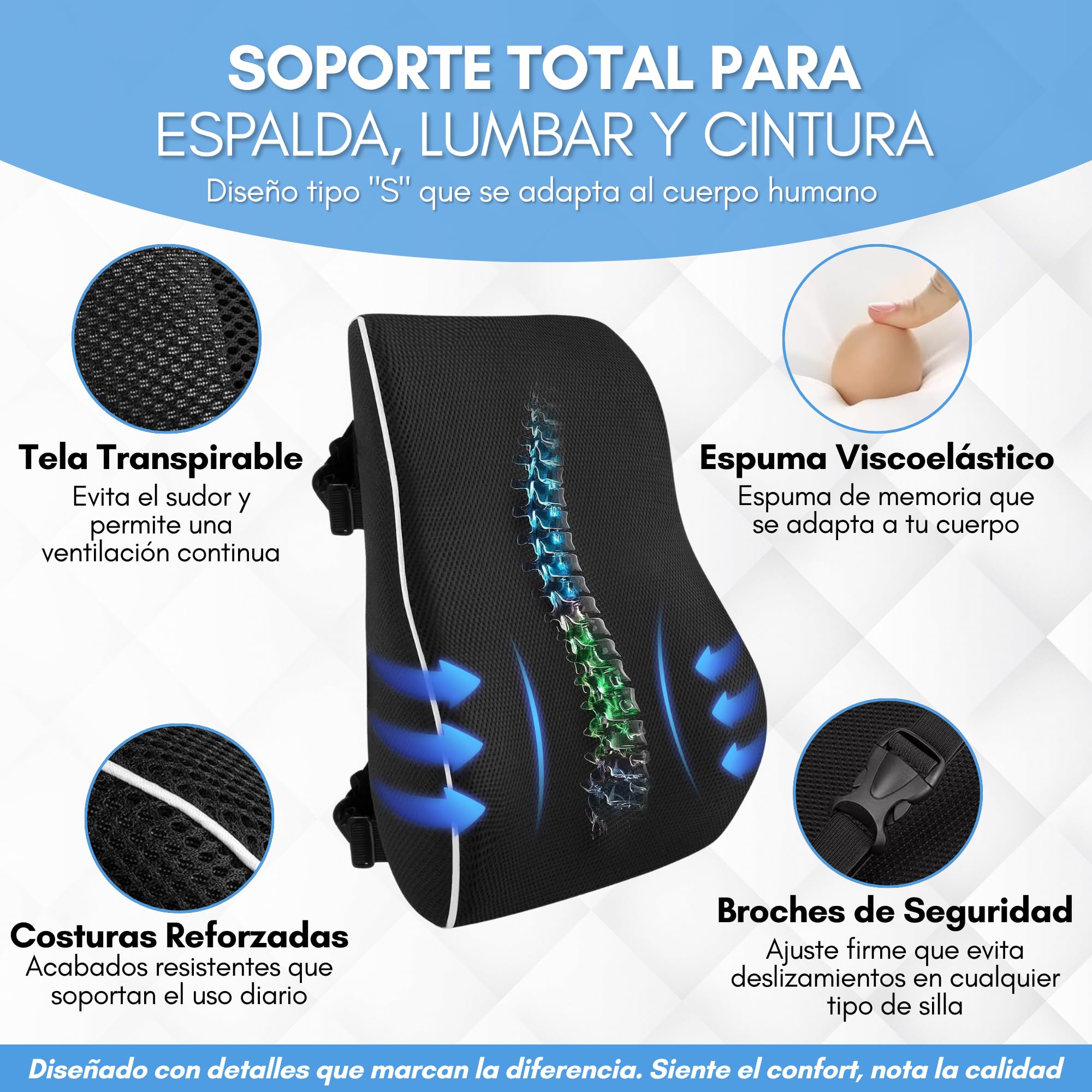 Cojín Lumbar Ergonómico para Dolor de Espalda – Soporte Espalda Baja para Silla Oficina y Coche – Memory Foam Viscoelástica Transpirable – Respaldo Ortopédico Ajustable