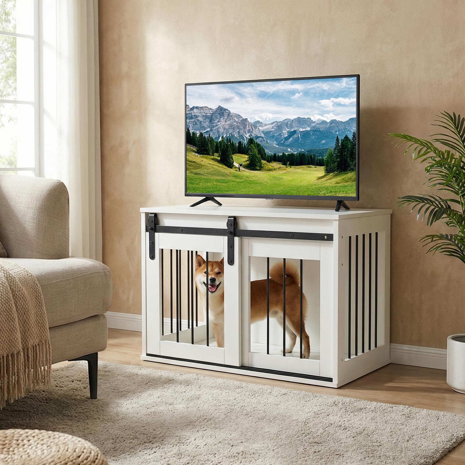 FANTASK Hundekäfig Möbel 80 cm, Hundebox mit Schiebetür & Metallrahmen, Hundeschrank aus Holz als Beistelltisch für kleine & mittelgroße Hunde, für Wohnzimmer, Schlafzimmer & Flur (Weiß)
