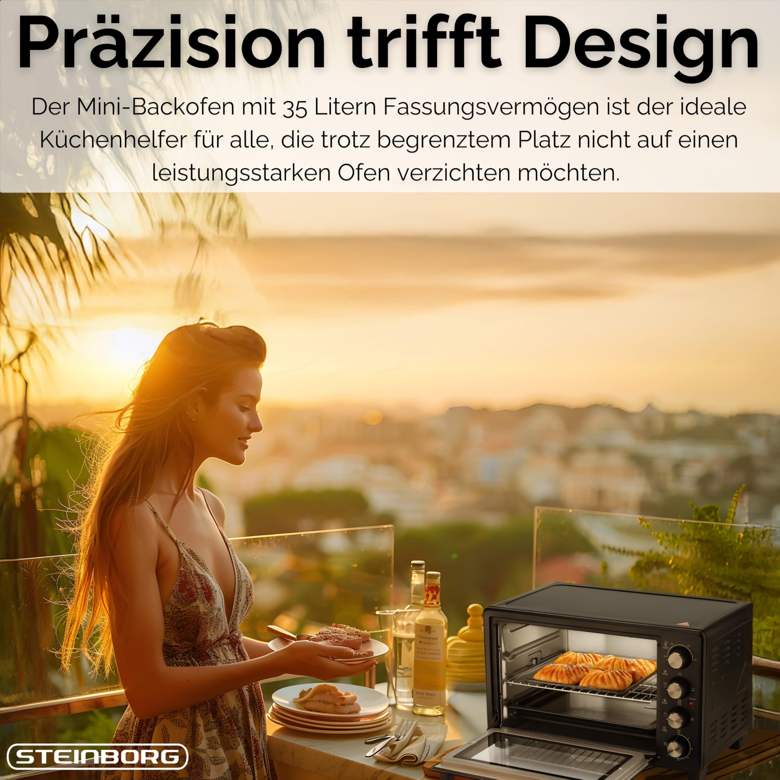 Steinborg® 35 Liter Mini Backofen mit Umluft & Drehspieß Krümelblech Ober- und Unterhitze 1.600 Watt Miniofen mit Timer kleiner Backofen freistehend stufenlose Temperaturregelung bis 230°C