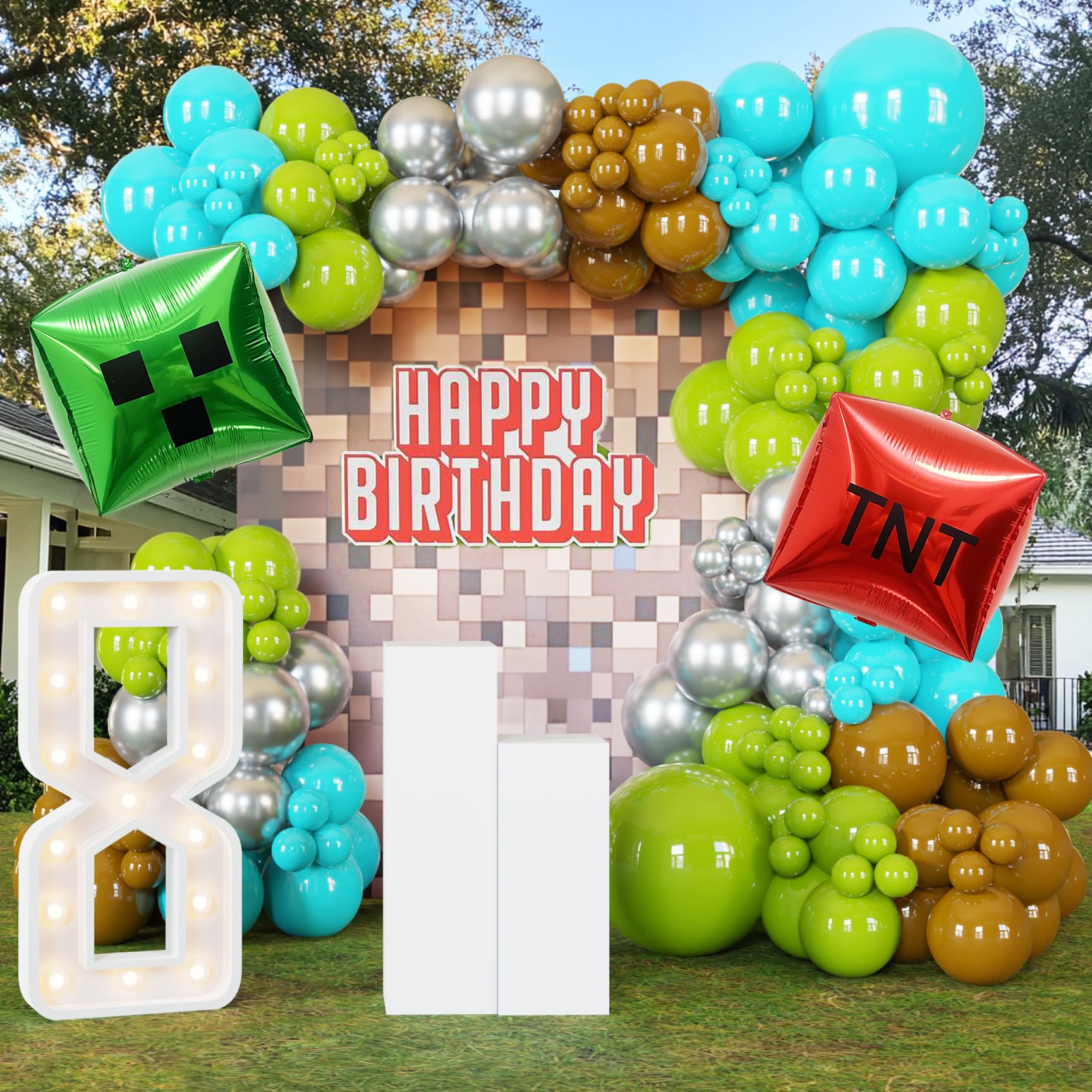 ECEAE 127Pcs Video Game Balloon Arch Garland Kit with Green Teal Blue Brown Metallic Silver Balloons, for Gaming Theme Party Decor, Birthday Party