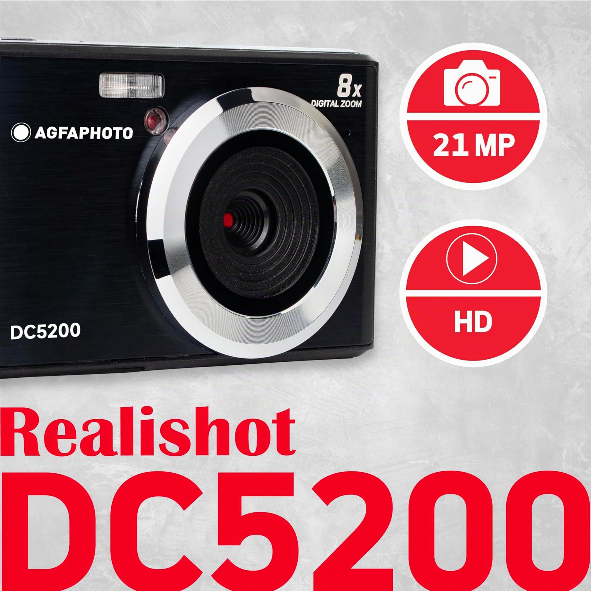 AgfaPhoto Realishot DC5200 - Appareil Photo Compact, 21MP, Ecran LCD 2,4", Zoom Digital 8X, Vidéo HD 720p, Batterie Lithium, Cartes SD, Modes Scène