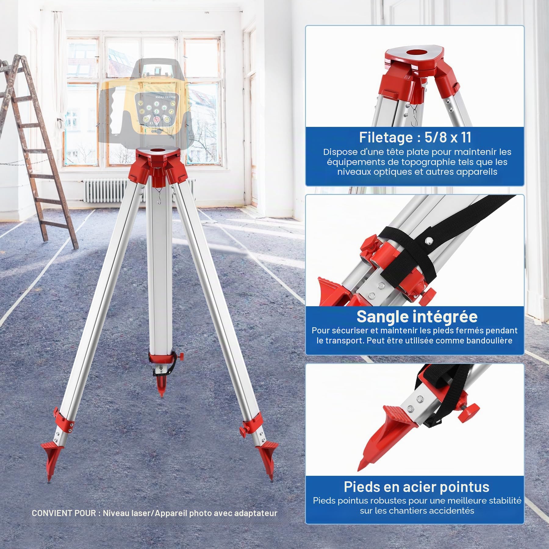 Niveau Laser Rotatif Kit de nivellement laser vert, faisceau vert de 500 m, nivellement laser rotatif automatique à 360° pour la construction, avec télécommande et mallette en aluminium