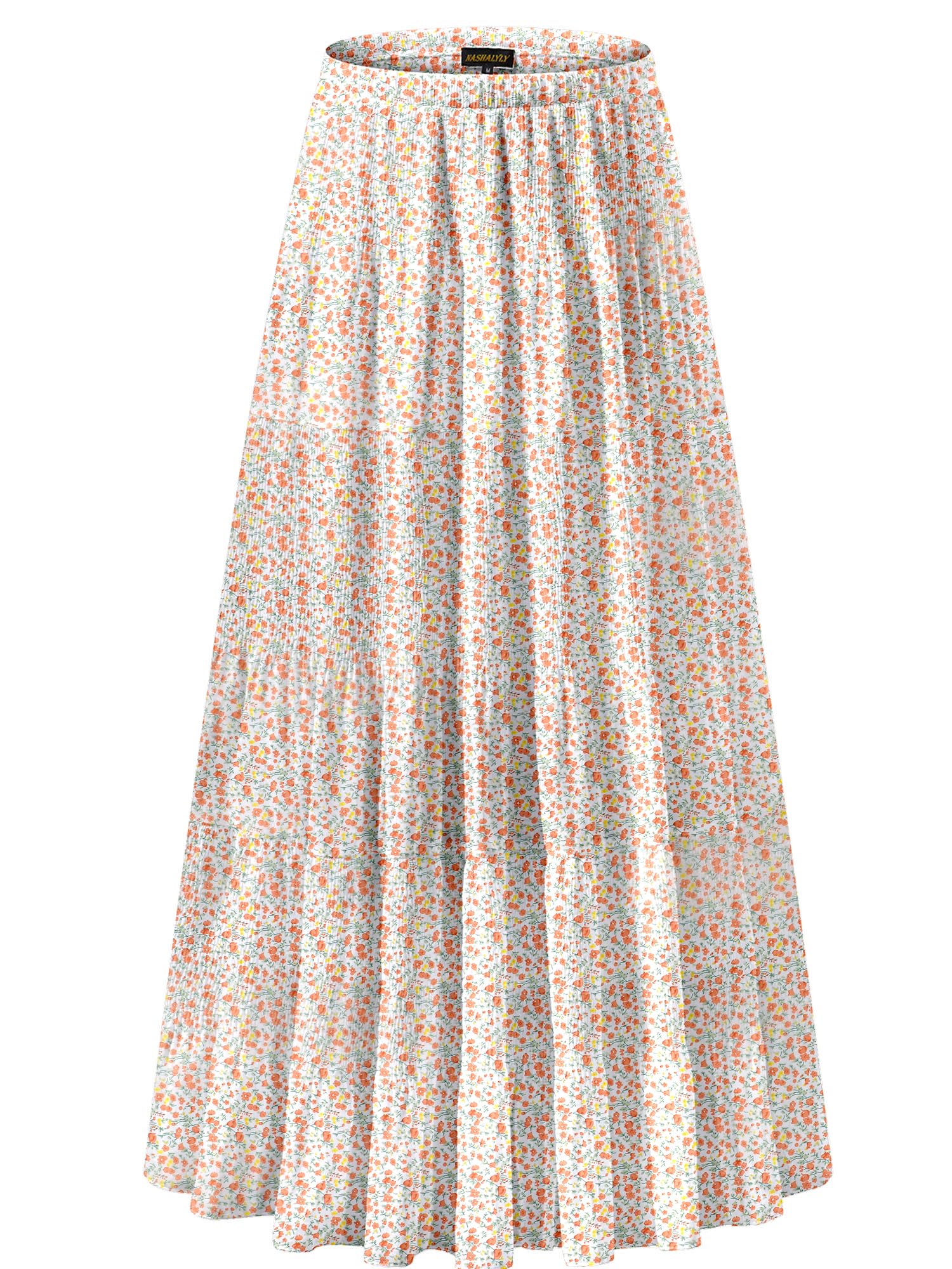 NASHALYLY Women's Chiffon Elastic High Waist Pleated A-Line Maxi Skirts