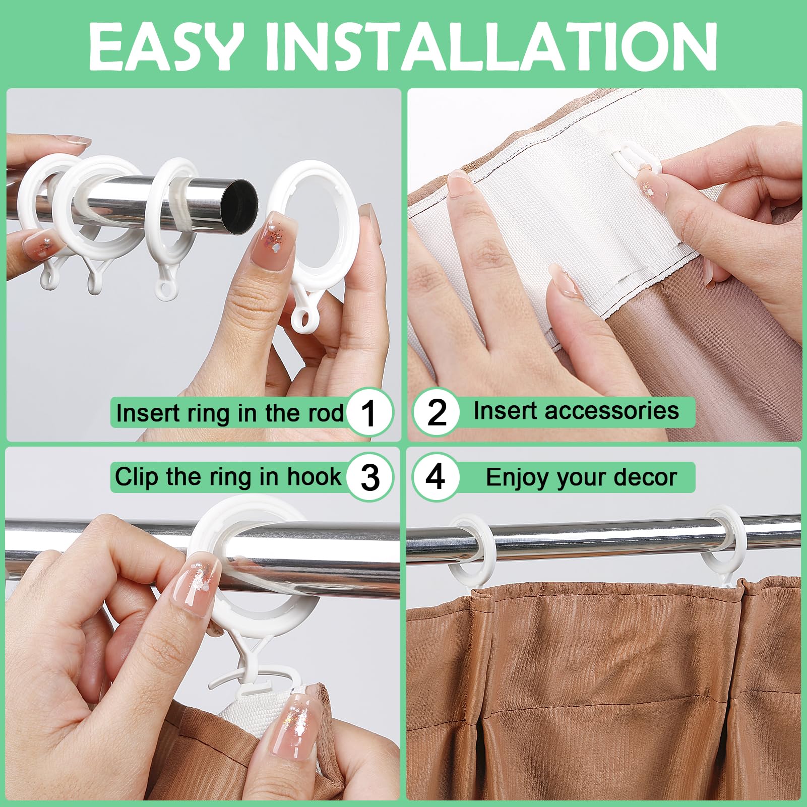 10 Anneaux à Crochet Pour Tringle à Rideau 20 Mm - Bois Blanc Laqué, Crochets Plastique Transparent Inclus