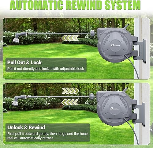 Miniatura 5 de Carrete de manguera retráctil de 12 pulgada x 150 pies, carrete de manguera de jardín retráctil resistente montado en la pared con boquilla de