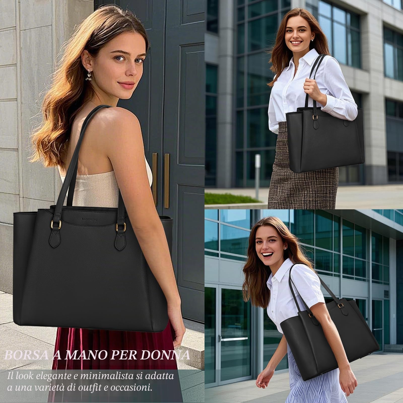 RAINSMORE Borsa Università Donna Grande Lavoro Donna 15.6 Pollici Borsa Porta Pc Impermeabile Pelle PU Elegante Tote Bag Tracolla per Ufficio Business