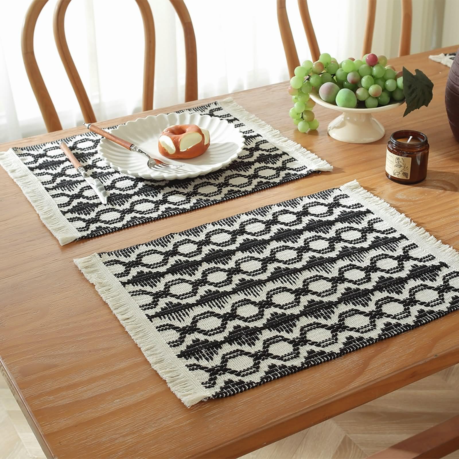 Set di 6 Tovaglietta Colazione Inter, Tovaglietta Americana Nera Cotone Lino 45x35cm Tessuto con Motivo a Lanterna