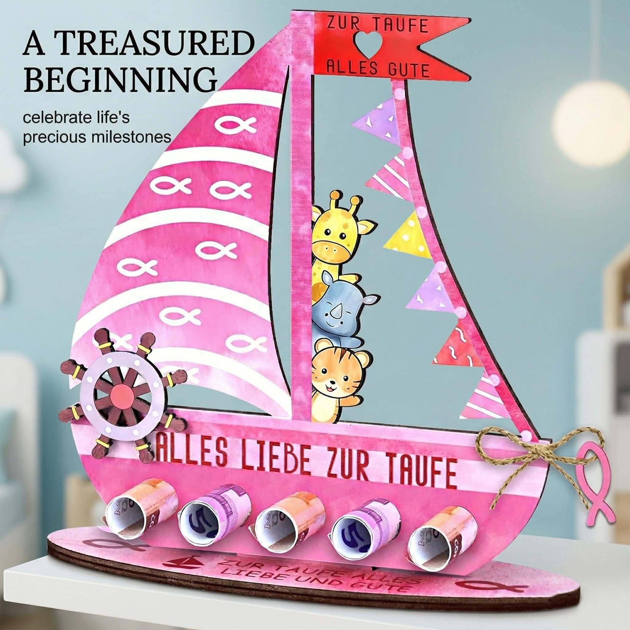 Cadeau Baptême Fille en Bois, Cadeau de Baptême Original pour Bébé Fille, Décoration Arche de Noé Rose, Souvenir pour Communion, Anniversaire et Baby Shower