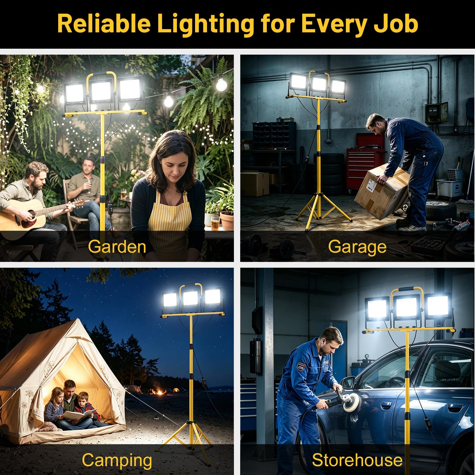 Yofuly 3x 100W Foco LED de Trabajo 23,000LM, Focos LED Portátil con Trípode Telescópico 1,6M, IP66 Impermeable, con Cable de 5M, Luz de Trabajo para Obras, Jardines, Construcción