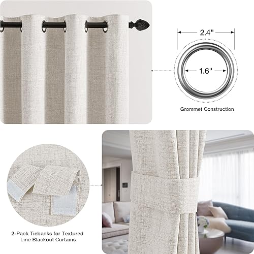 Miniatura 5 de Timeles Cortinas 100% opacas para ventana, 84 pulgadas de largo, para sala de estar, cortinas de lino texturizado, cortina plisada con ojales