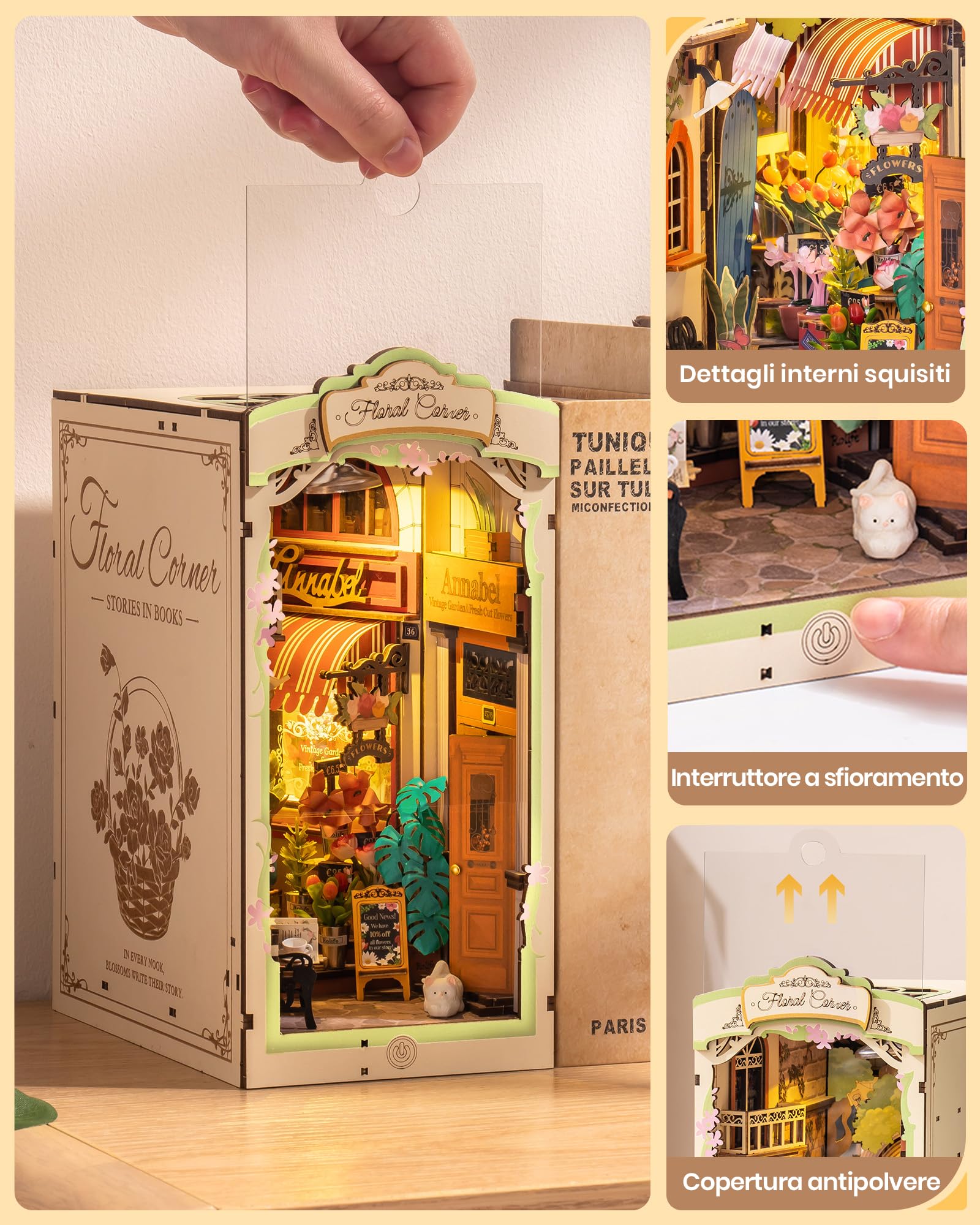 ROBOTIME Book Nook Angolo Floreale Diorama in Legno con Luci LED, Booknook Casa Delle Bambole Miniature da Costruire, Decorazione della Libreria, Regali per Adulti, Donne e Ragazze