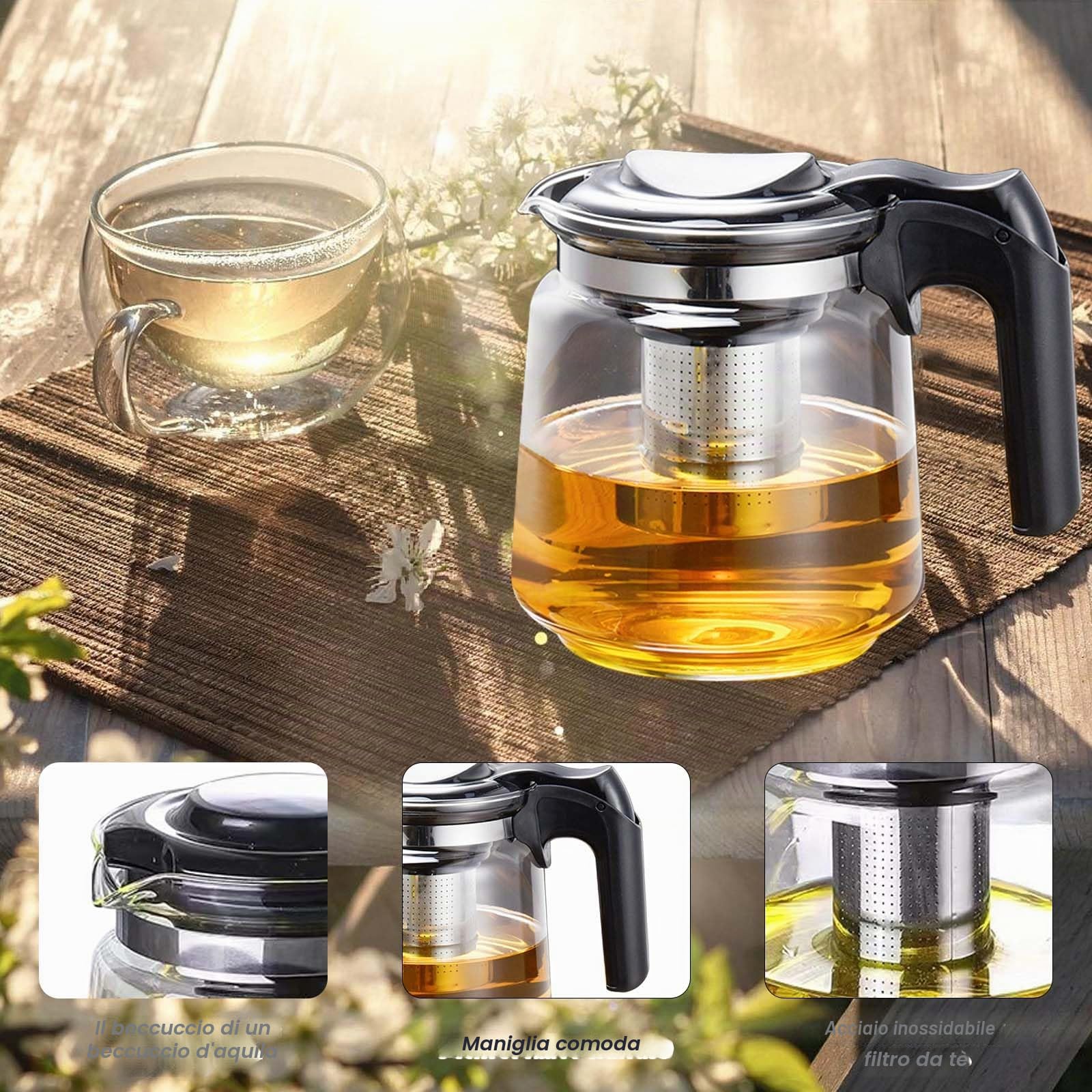 Teiera in vetro di alta qualità, 1,5 l, con coperchio, resistente al calore, con infusore in acciaio inox, per preparare tè sfusi