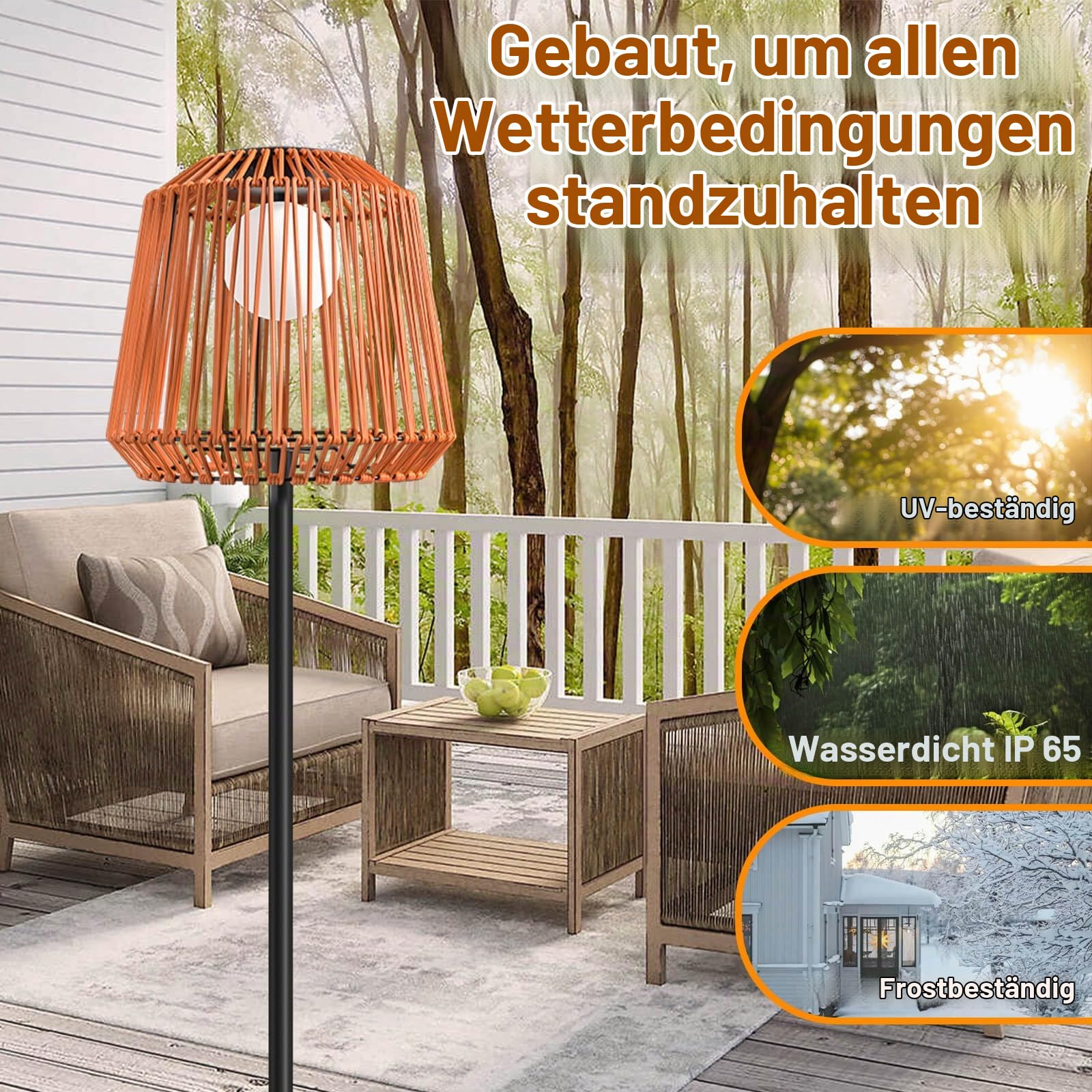 Solar Stehlampe Outdoor Rattan, Terrassenlampe Garten, USB & Solar Aufladung, 3 Helligkeitsstufen, IP65 Wasserdicht, Warmweiß LED Stehleuchte für Terrasse Balkon Veranda Wohnzimmer