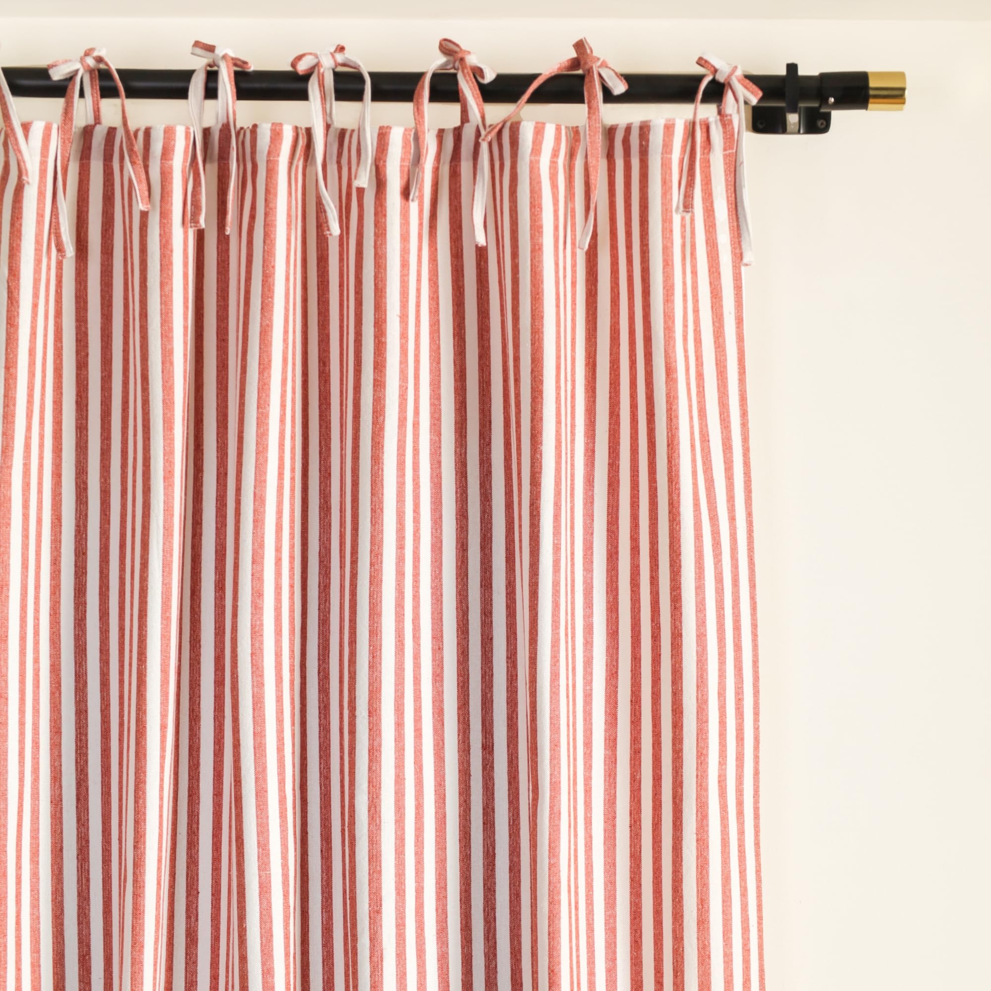 Gauze Ticking Striped Curtains, Boho Linen Gauze Tie Top Hanging Light Filtering Pinstripe Cafe Curtains 2 Panel Curtain Drapes for Living Room Home Décor Rust on White (63"x42" Each Panel)