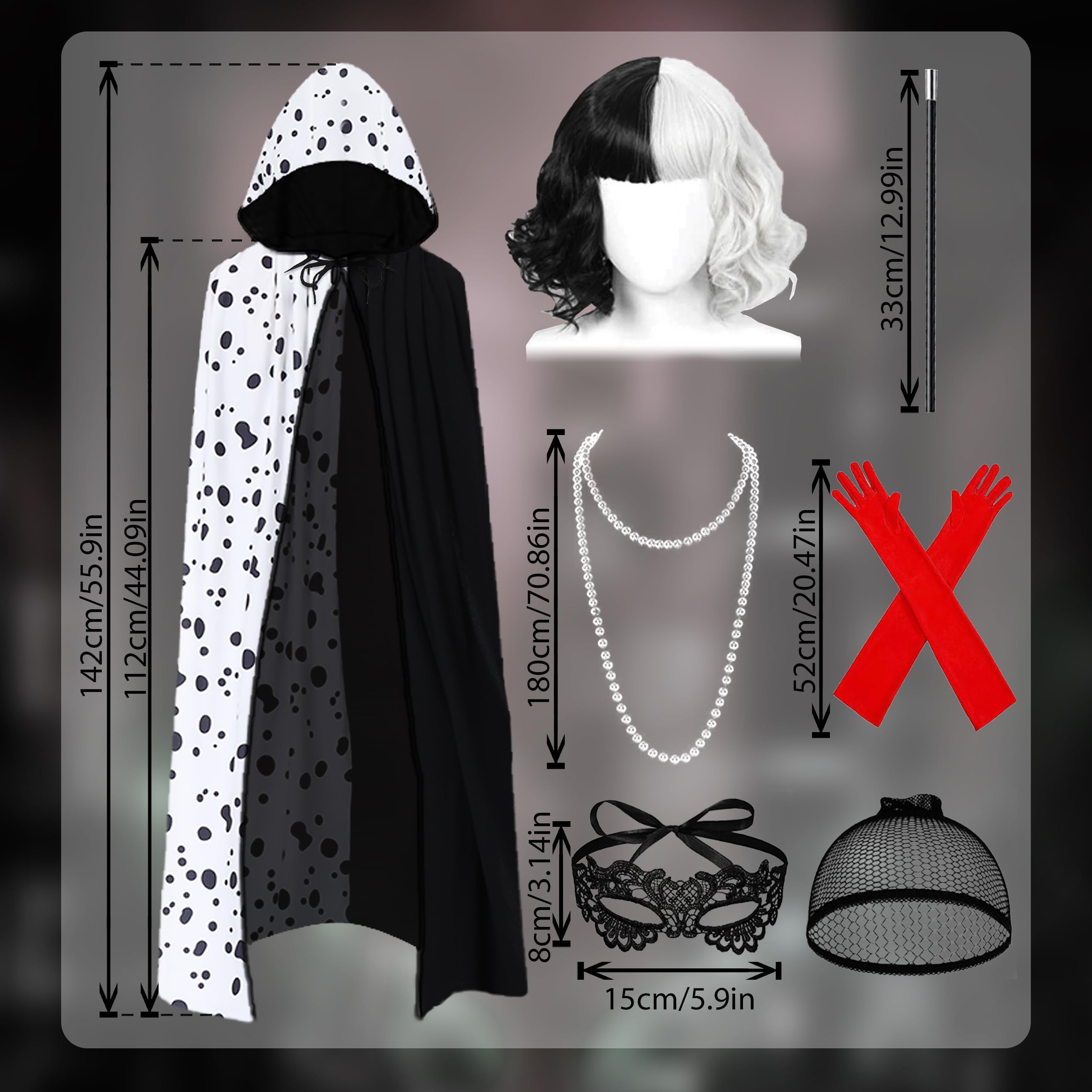 Charmofun 7 Piezas Disfraz Cruella Devil Mujer, Cruella de Vil Disfraz con Collar Peluca Guantes, Traje Halloween Mujer para Carnaval, Fiesta de Disfraces y Cosplay