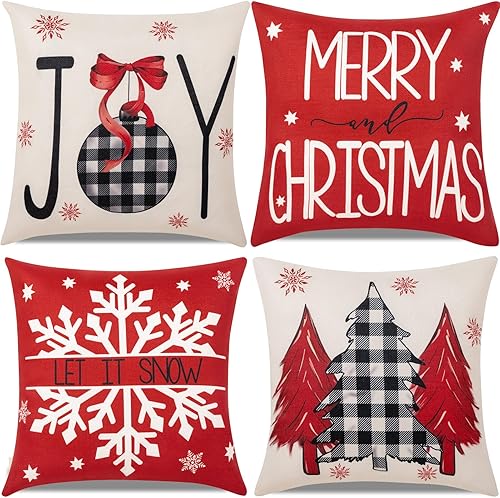 Juego de 4 fundas de almohada rojas de 18 x 18 pulgadas, con copos de nieve para sofá, invierno, vacaciones, interiores y exteriores, hogar,