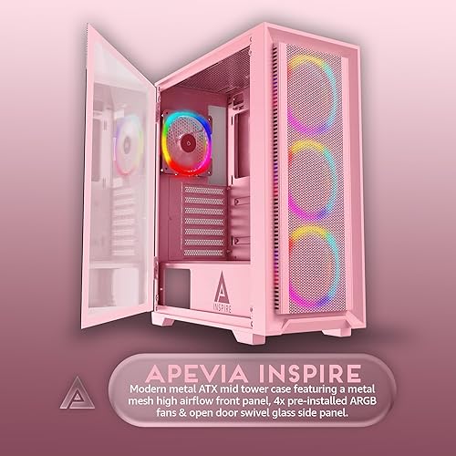 Miniatura 2 de Apevia Inspire-PK Inspire Mid Tower ATX - Funda para PC gaming con 4 ventiladores ARGB de 4.724 in, 366 modos de luz RGB, 1 panel frontal de flujo