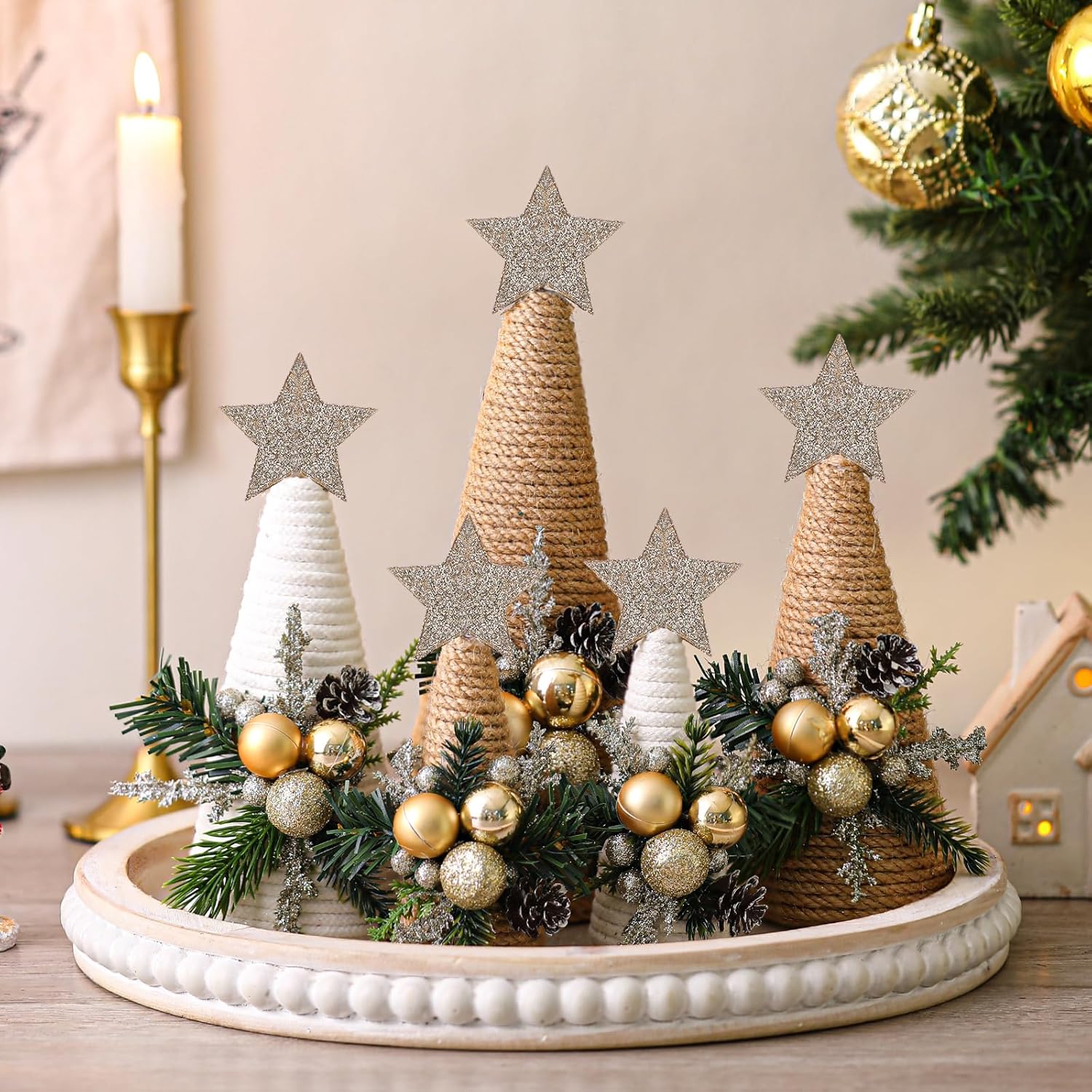 Thyle 5 Pcs Christmas Yarn Trees Table Decoration Artificial Christmas Cone Tree with Xmas Tabletop Stars Xmas Centerpiece for Winter Holiday Kitchen Tiered Tray Home Decor Party Supplies