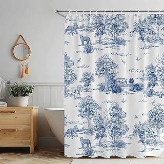LOVOUS Vintage French Toile de Jouy Shower Curtain, Blue and White Fabric Shower Curtains for Bathroom, 72x72 Farmhouse French Countryside Curtain with 12 Hooks Home Bath Decor