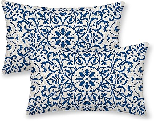 Fundas de almohada bohemias de color azul marino de 12 x 20 pulgadas, 2 piezas, estilo bohemio vintage, estilo alfombra decorativa para sofá, funda