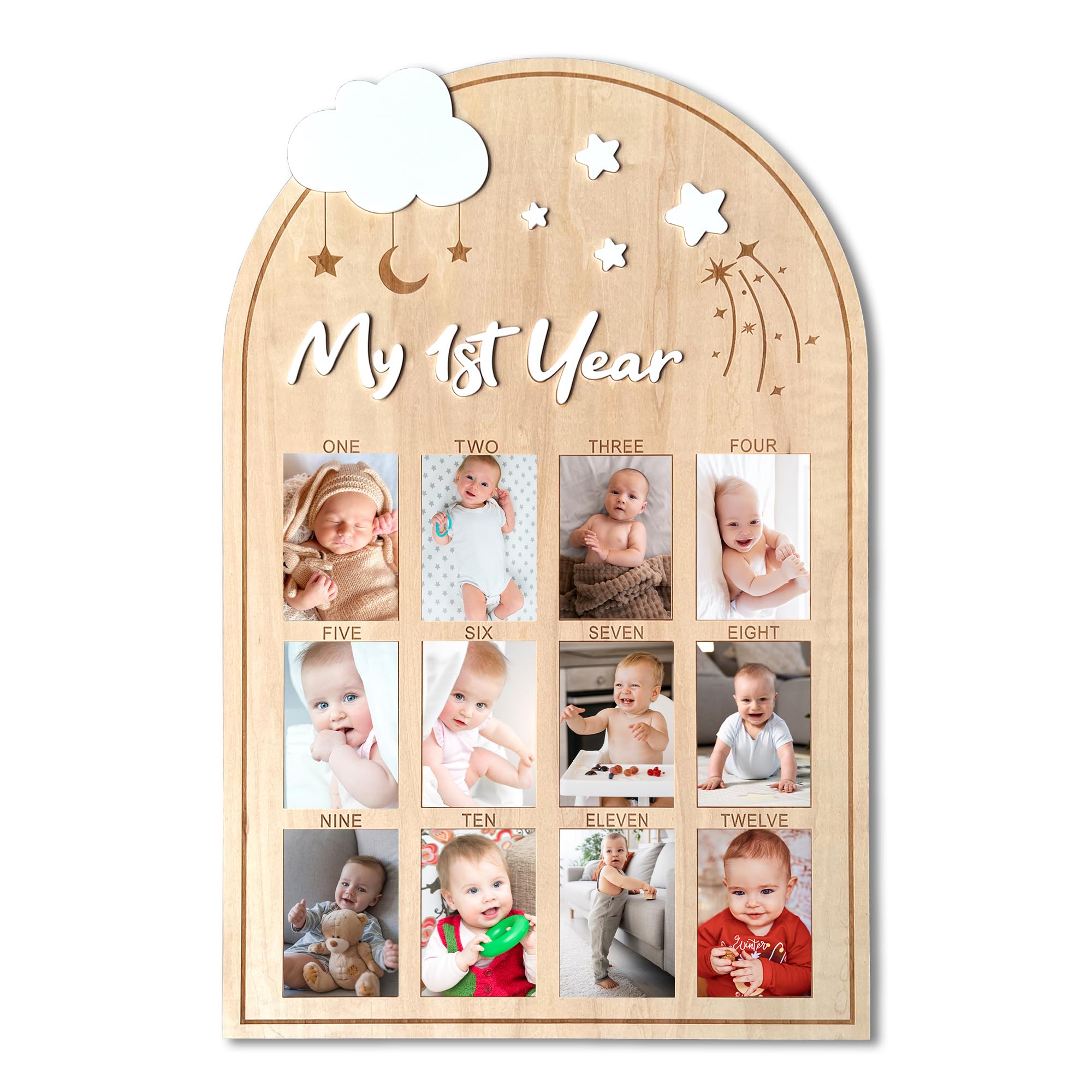 PDRYLY My First Year Wooden Photo Board, Baby’s First Year Picture Frame, One Year Birthday Photo Display Wood Board, 12 Months Milestone Board Photo Frame, Gift for Newborn Baby 1st Birthday Memories