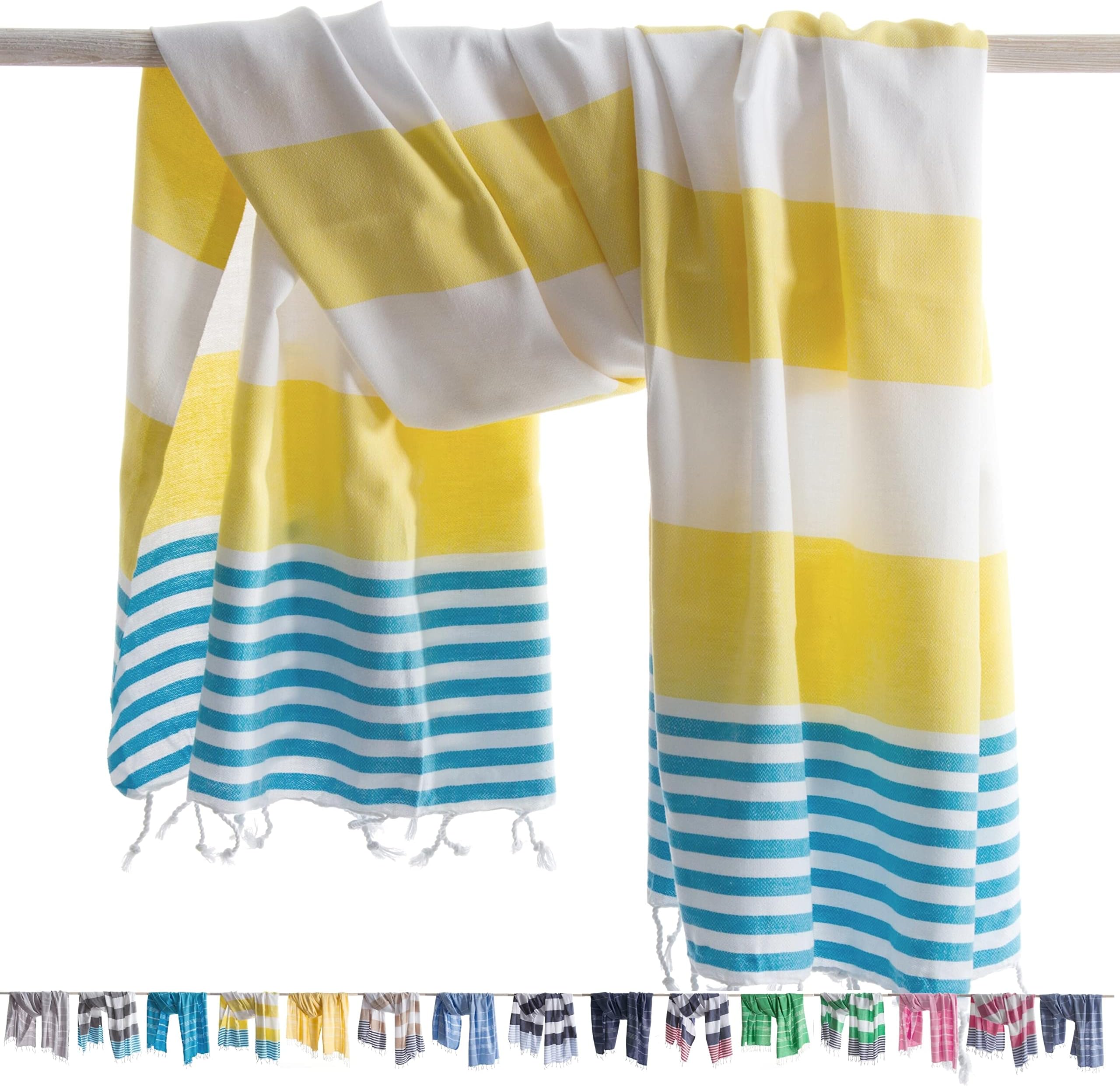 ANATURES MARINA Yellow/Turquoise - PREWASHED and SOFT - Pestemal Turkish Beach Bath Towel - Hammam Turkish Towels - 100% cotton - Peshtemal Beach Towels (Yellow/Turquoise)