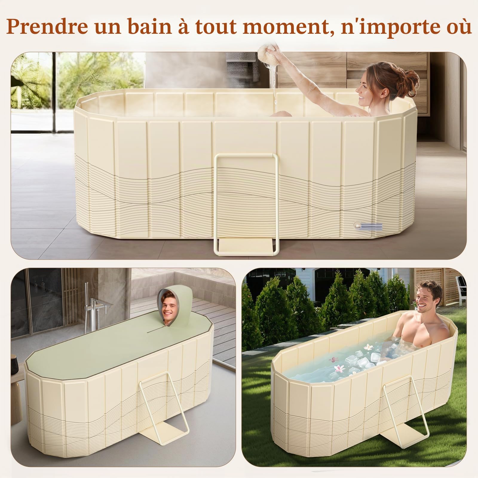 Baignoire portable pour adultes 150 x 55 x 50 cm, baignoire pliable pour adultes avec 2 trous de vidange, baignoire familiale pour glace équipée de 2 plaques de support latérales avec couvercle (Beige
