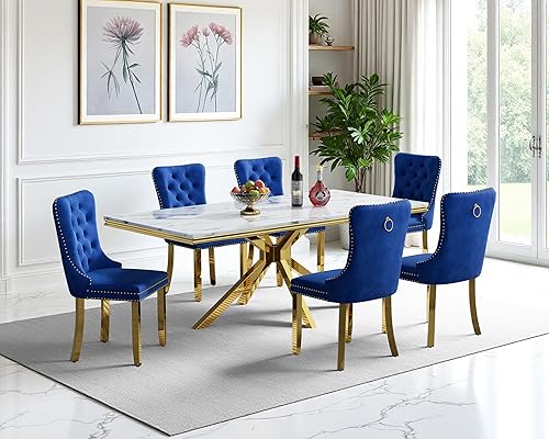 Miniatura 58 de Juego de mesa de comedor de 7 piezas, color blanco y plateado, mesa de cocina moderna de mármol sintético de 68 pulgadas con 6 sillas tapizadas Mesa