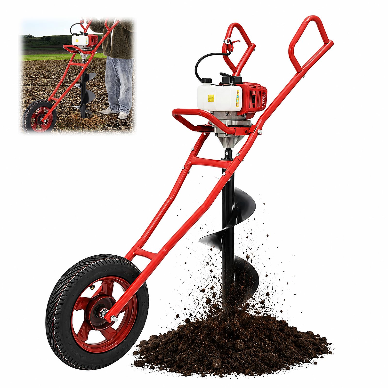 Ahoyadora Gasolina 2 Tiempos Motor 52CC 1,46KW Empuje Manual Ahoyador con 300mm Broca, Ruedas Profesional Barrena para Tierra Compactadora De Tierra para Huerto (Rojo)