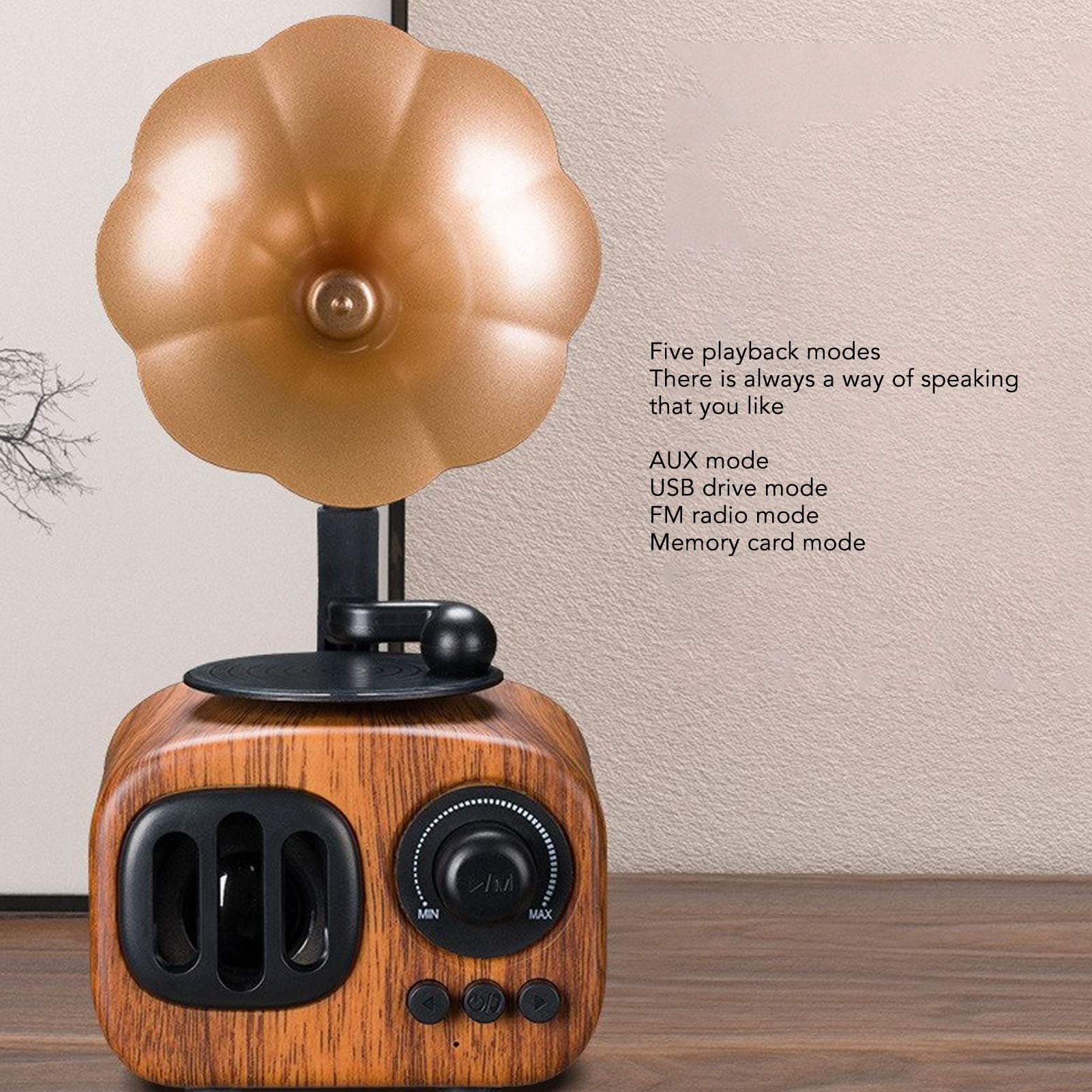 Haut-Parleur Bluetooth Gramophone Vintage, Mini Phonographe en Bois, Haut-Parleur Radio Rétro intégré avec Puce DSP et Antenne, Lecteur de Musique Rétro Prend en Disque U,