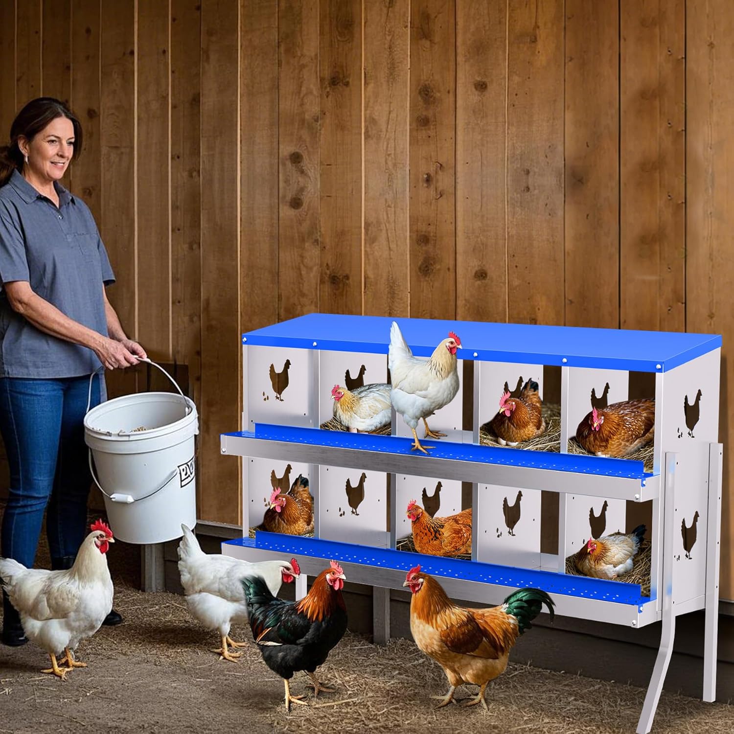 Garvee Chicken Nesting Box with Removable Tray, 10 Compartment Nesting Boxes for Chickens, Easy to Clean and Install, Chicken Laying Boxes for Chicken Coop to Protect Eggs - with Bracket Legs, Blue 10-Hole with legs Blue