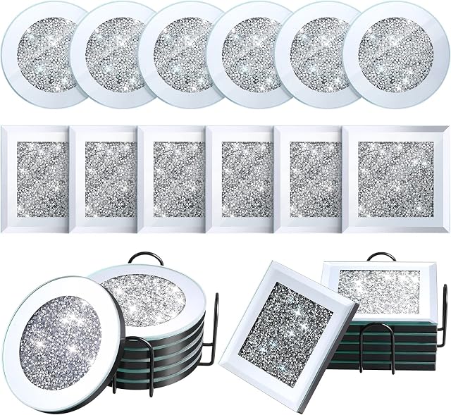 Mimorou 14 Pcs Glass Mirrored Coasters with Holder Set, 12 Round Square Crushed Diamond 4 Inch Bling Crystal Cup Mat 2 Black Decor on Tabletop for Coffee Dining Table
