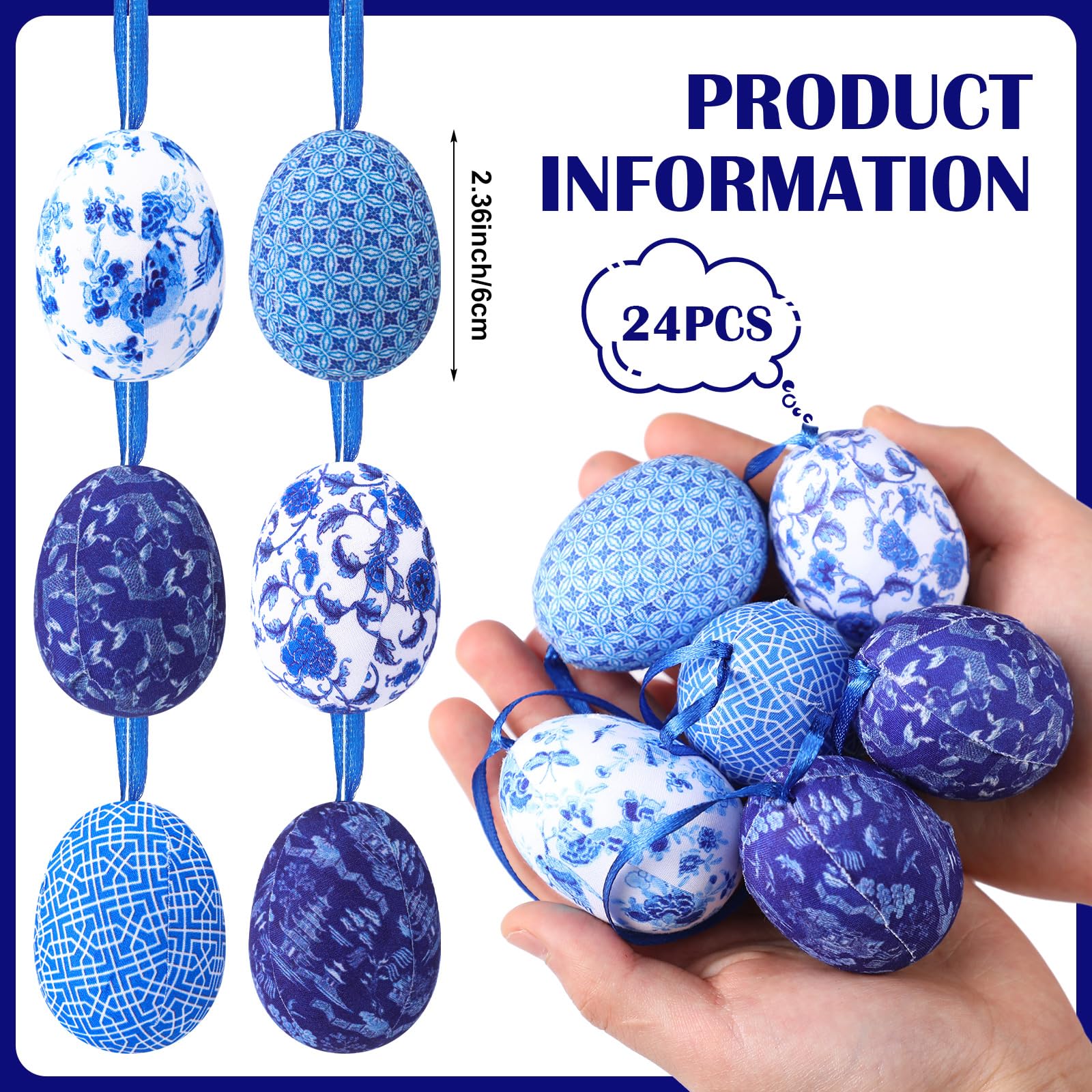 Gemscream 24 Piezas de Decoración de Huevos Colgantes de Pascua de Porcelana Azul y Blanca, Adornos de Huevos de Pascua de Granja, Huevos Inspirados en Chinoiserie para Interior