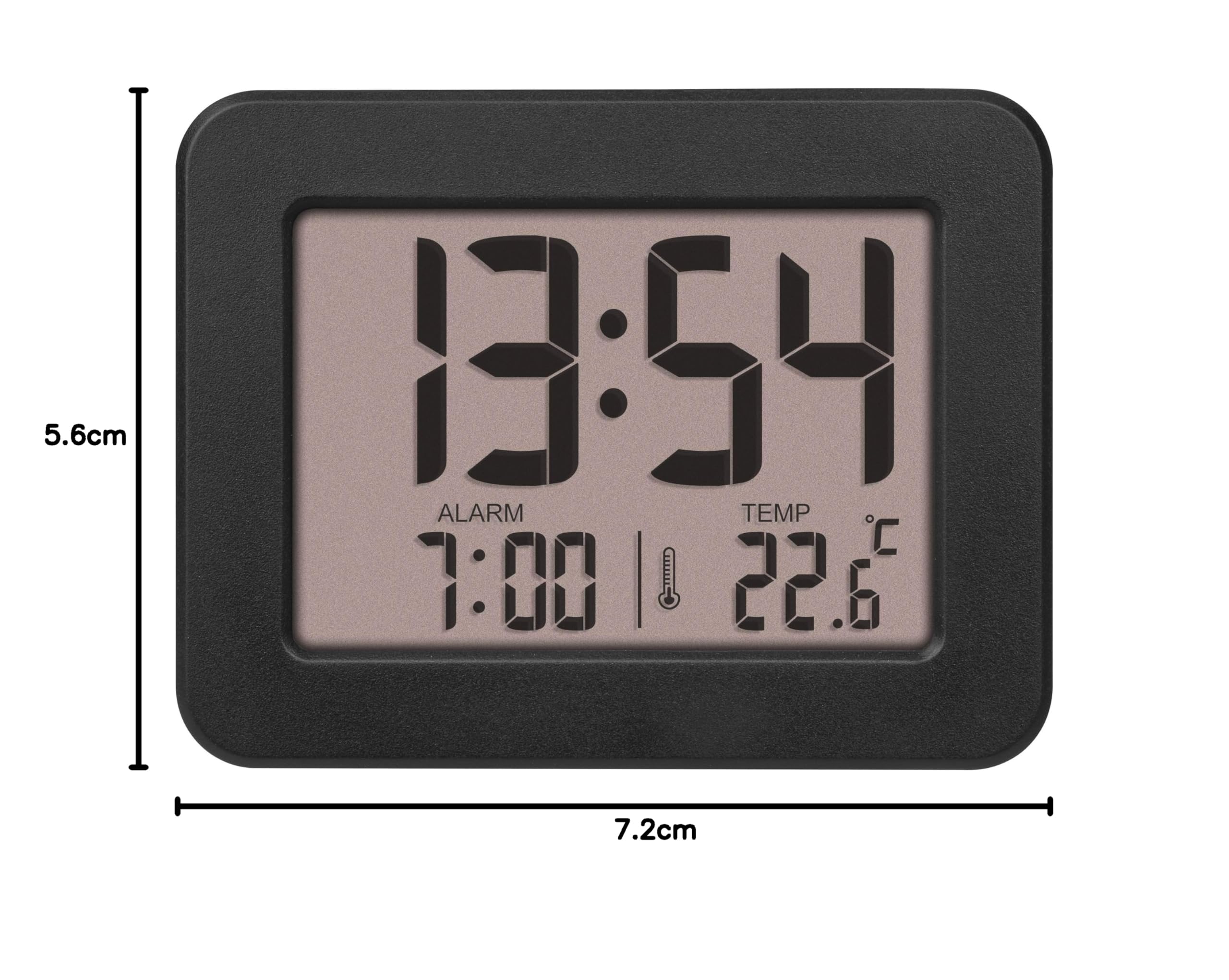 TFA Dostmann Mini sveglia digitale da comodino, 60.2044.01, orologio da tavolo, a batteria, con data e termometro interno, sveglia da viaggio, piccolo, nero