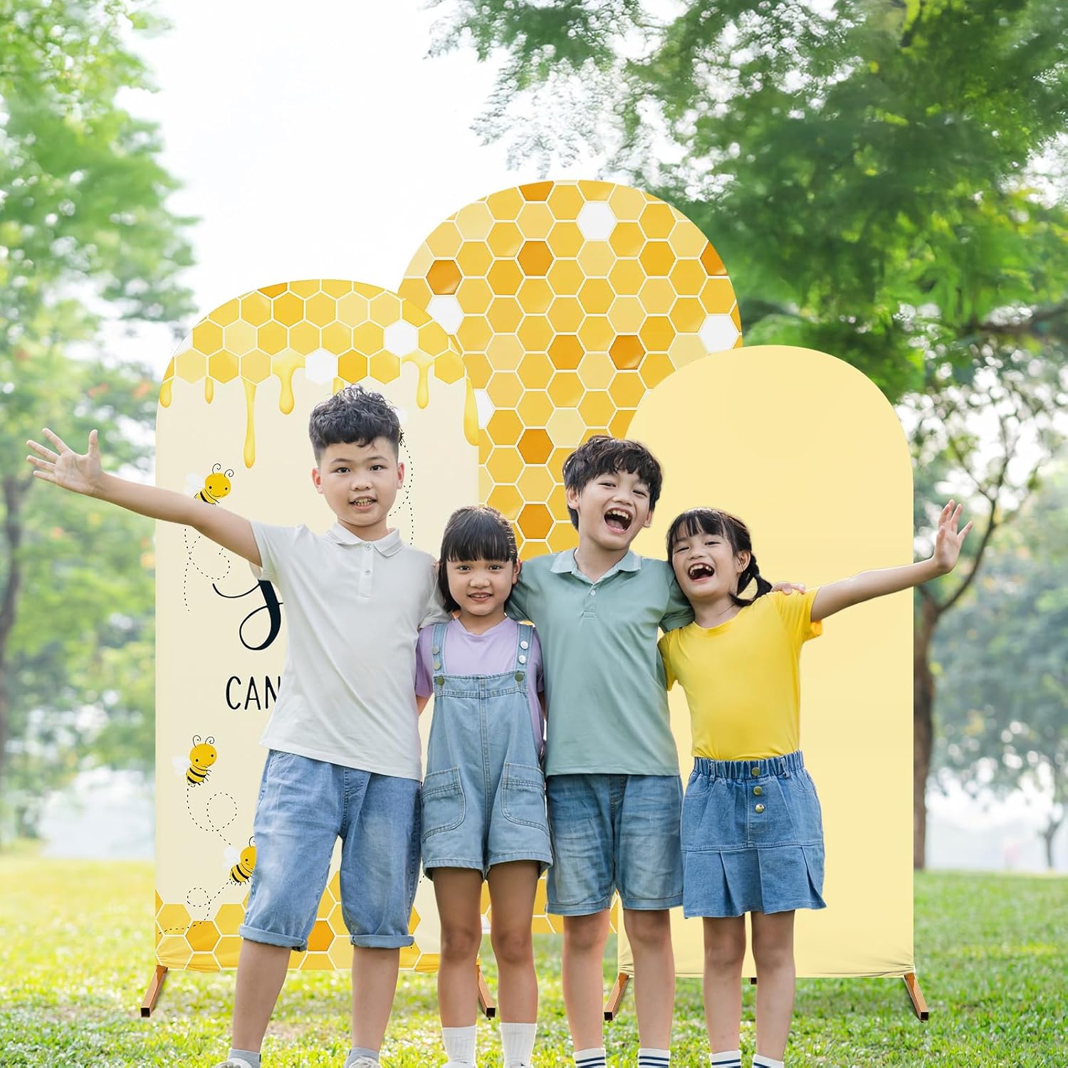 Honey Bee Birthday Party Decoration Set of 3 Arch Cover Spandex Fitted Wedding Arch Stand Covers for Bee Theme Birthday Party, 4ft, 5ft, 6ft