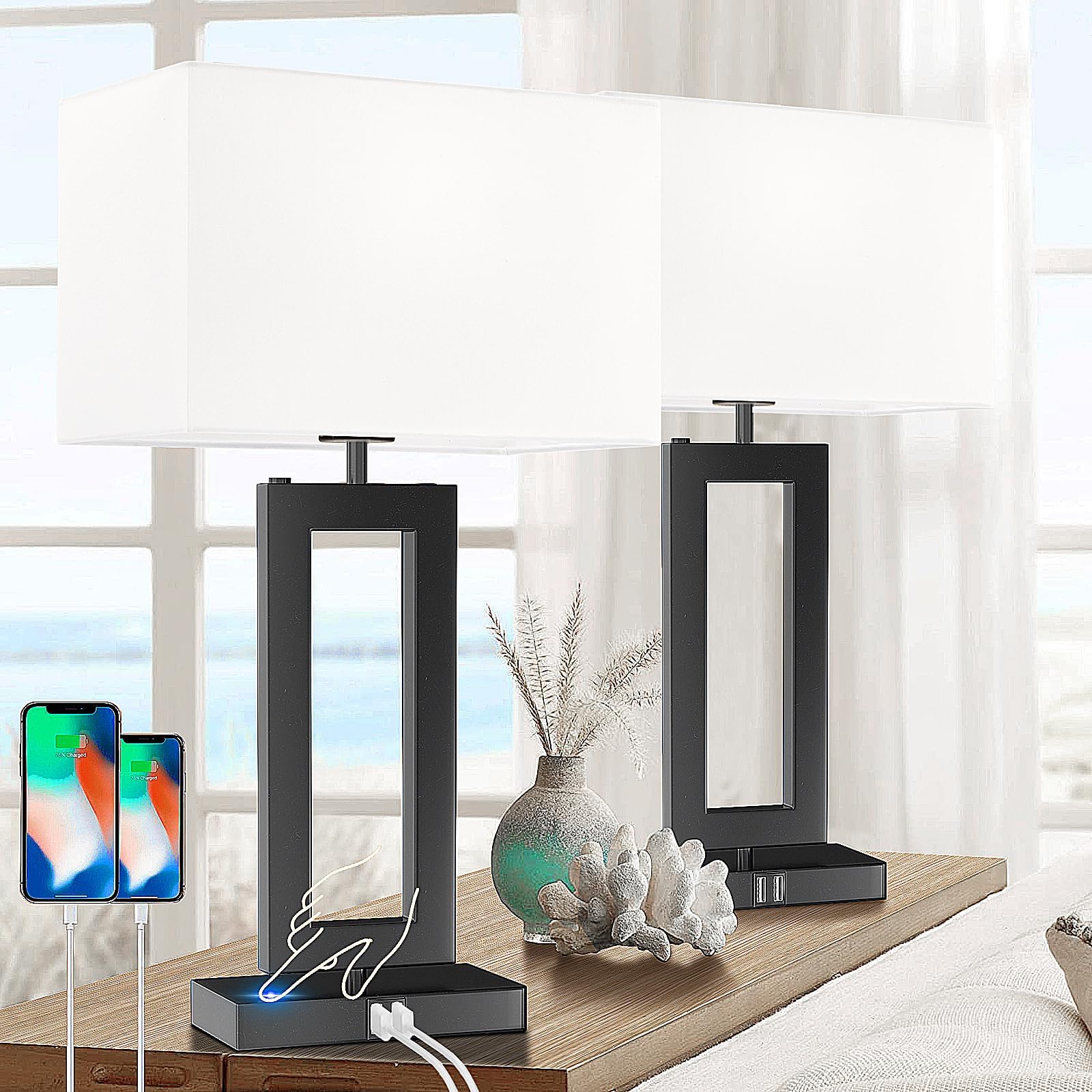 White&Black Table & Lamp Set of 2 Touch Control 3-Way Dimmable Bedside Lamps w/USB Ports Modern for Bedroom, Living Room, Office, 22’’ Tall, Daylight