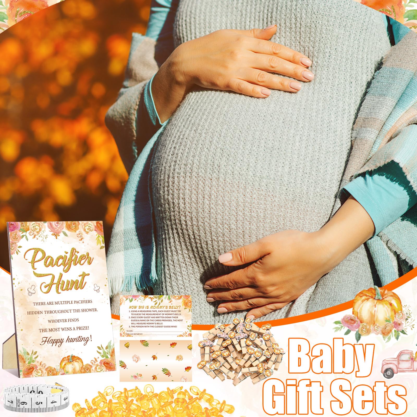 Sherr 476 Aquarell-Kürbis-Babyparty-Spiele, 6 Sets, Aktivitätskarten, Schnuller, Jagdspiel, 50 Schnuller, How Big Is Mommy's Belly Schild, 50 Ratekarten, 2 Maßbänder, "Don't Say Baby", 50