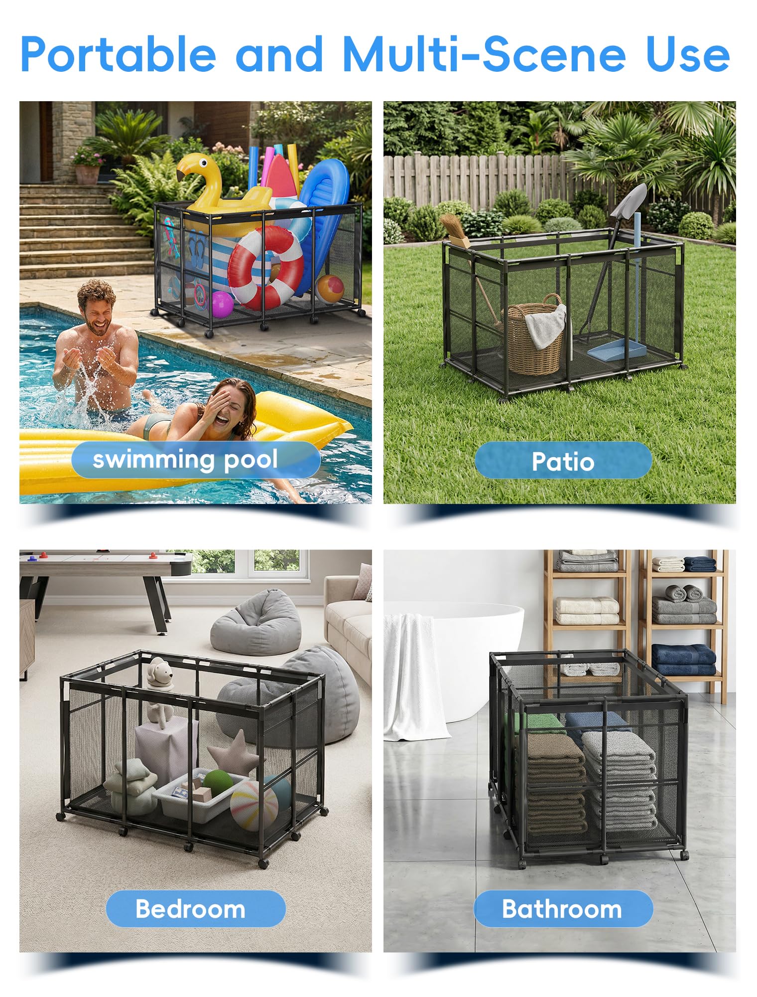 Contenitore galleggiante per piscina, contenitore per noodles, occhiali, galleggianti e palline, grande organizer per giocattoli da piscina all'aperto con ruote per accessori da nuoto, nero