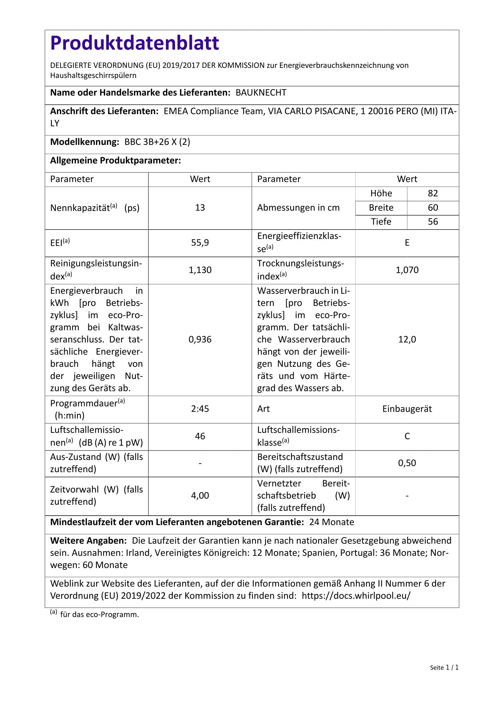 Bauknecht BBC 3B+26 X Geschirrspüler Integrierbarer Geschirrspüler 60 cm/ 13 Maßgedecke / ActiveDry / Startzeitvorwahl/ Express-Programm / Vollwasserschutz