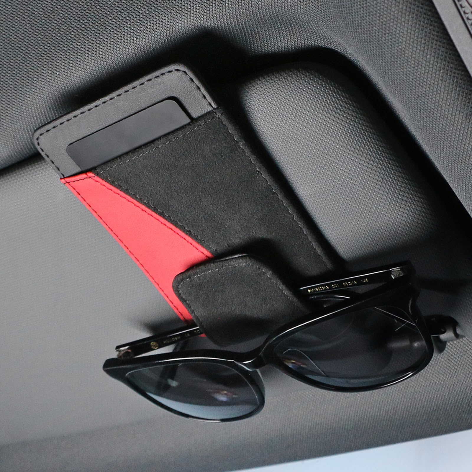 BETTERHUMZ Sunglasses Holder for Car Visor Compatible with Audi A3 RS3 A4 A5 A6 A7 RS7 A8 Q3 Q5 Q7 R8 for Alcantara Suede, Car Eyeglasses Card Case Clip Interior Accessories (Red Black)