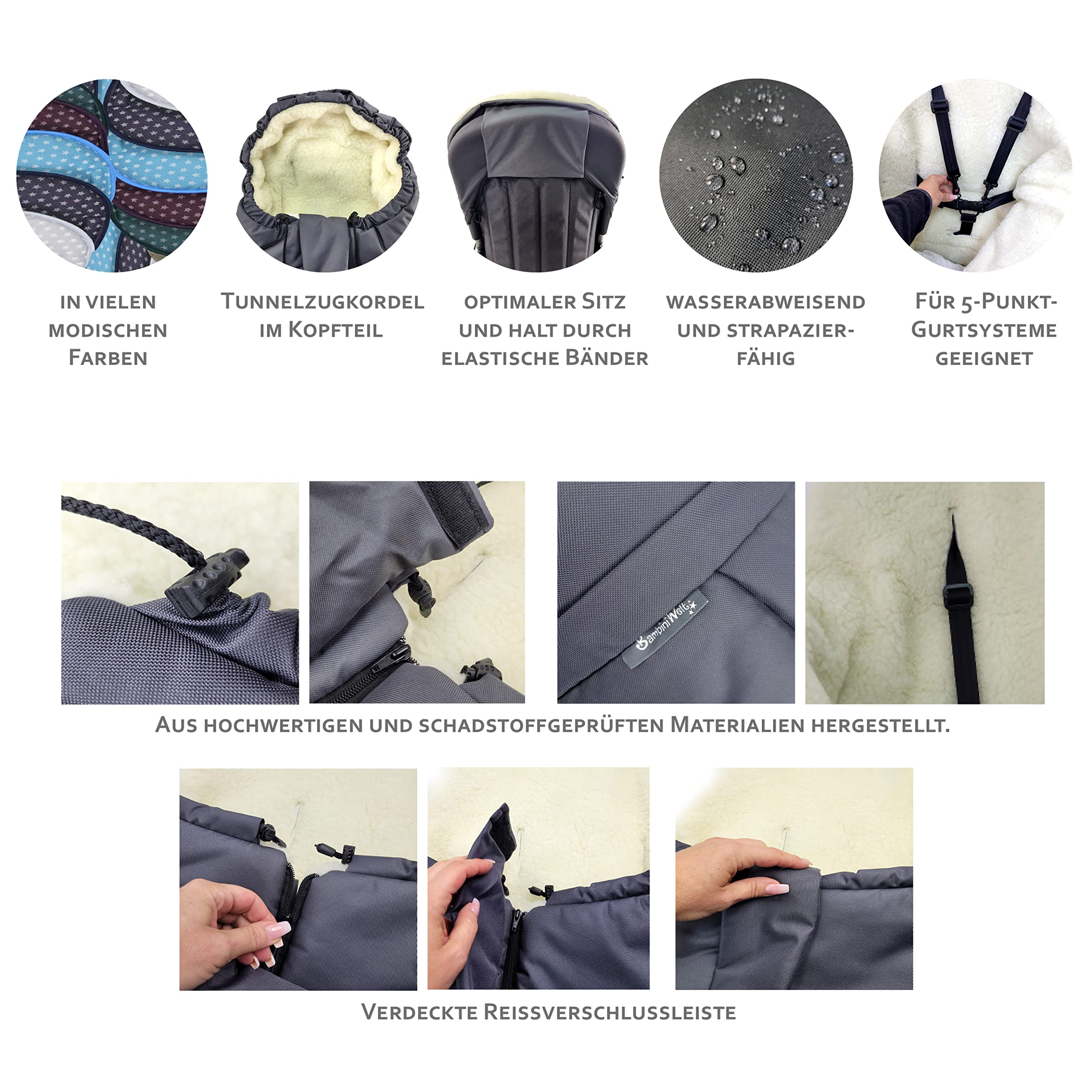 Bambiniwelt, offerta combinato MUFF + sacco a pelo invernale in lana d'agnello per passeggino, carrozzina, slitta, stelle turchesi XX