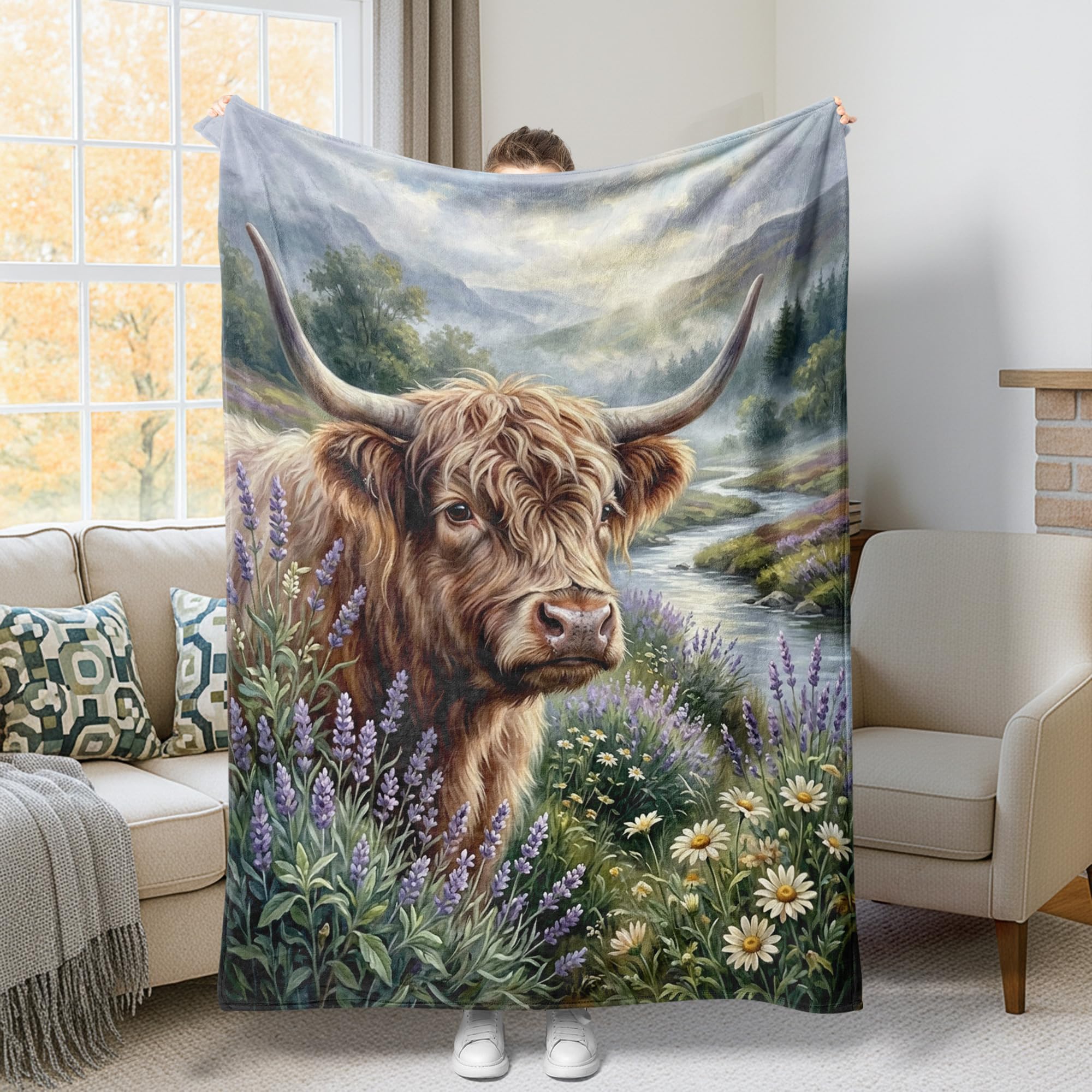 Plaid vache Highland pour canapé et lit, couverture esthétique d'automne rustique
