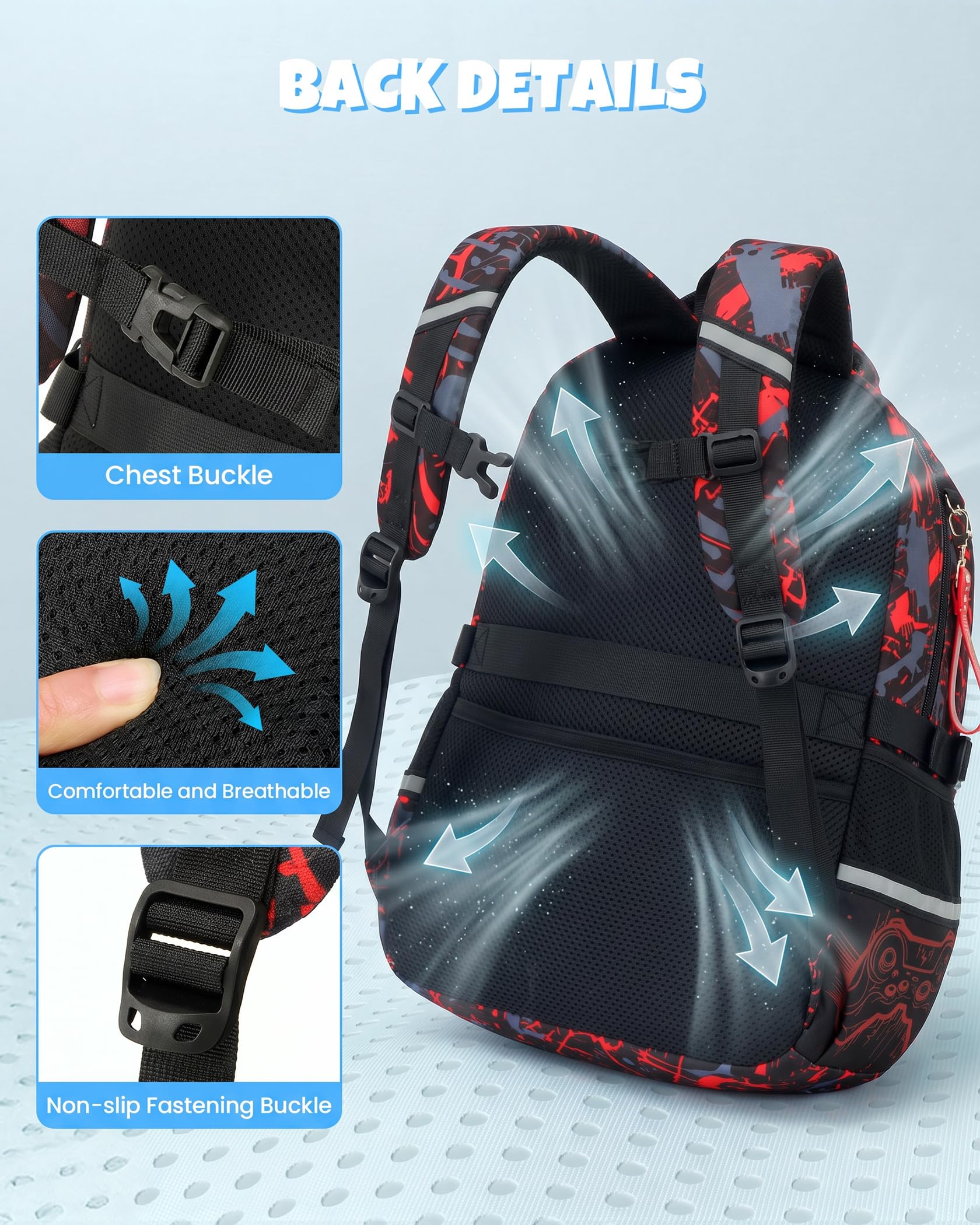 Amythe Sac à Dos Garçon Lumineux, Cartable Scolaire Primaire Adolescent Imperméable Durable, Sac Ecole Enfant avec Bandes Réfléchissantes Grande Capacité pour Voyage, Rouge