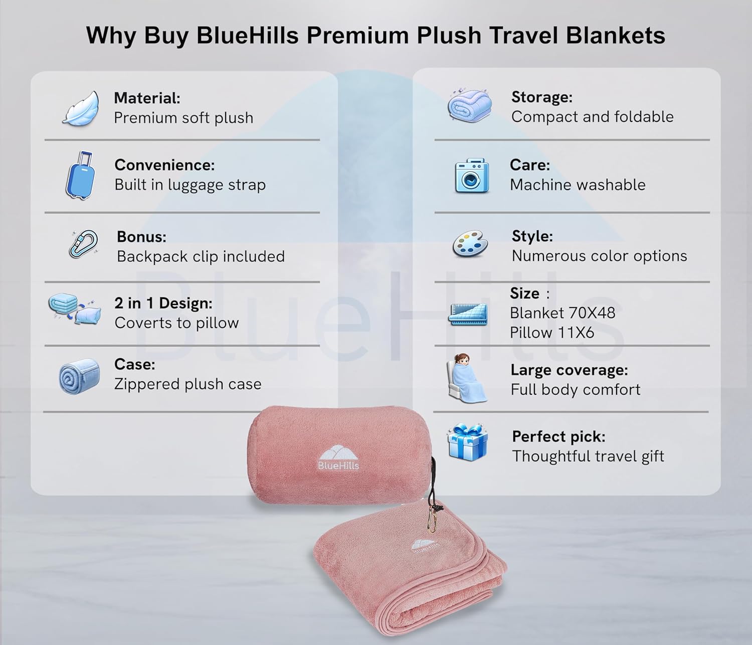 BlueHills Travel Blanket Pillow Rolled Premium Soft Plush Airplane Throw Traveling Gifts Compact in a Bag 70 X 48 inches Long Plane Flight Portable Lightweight Pink R02