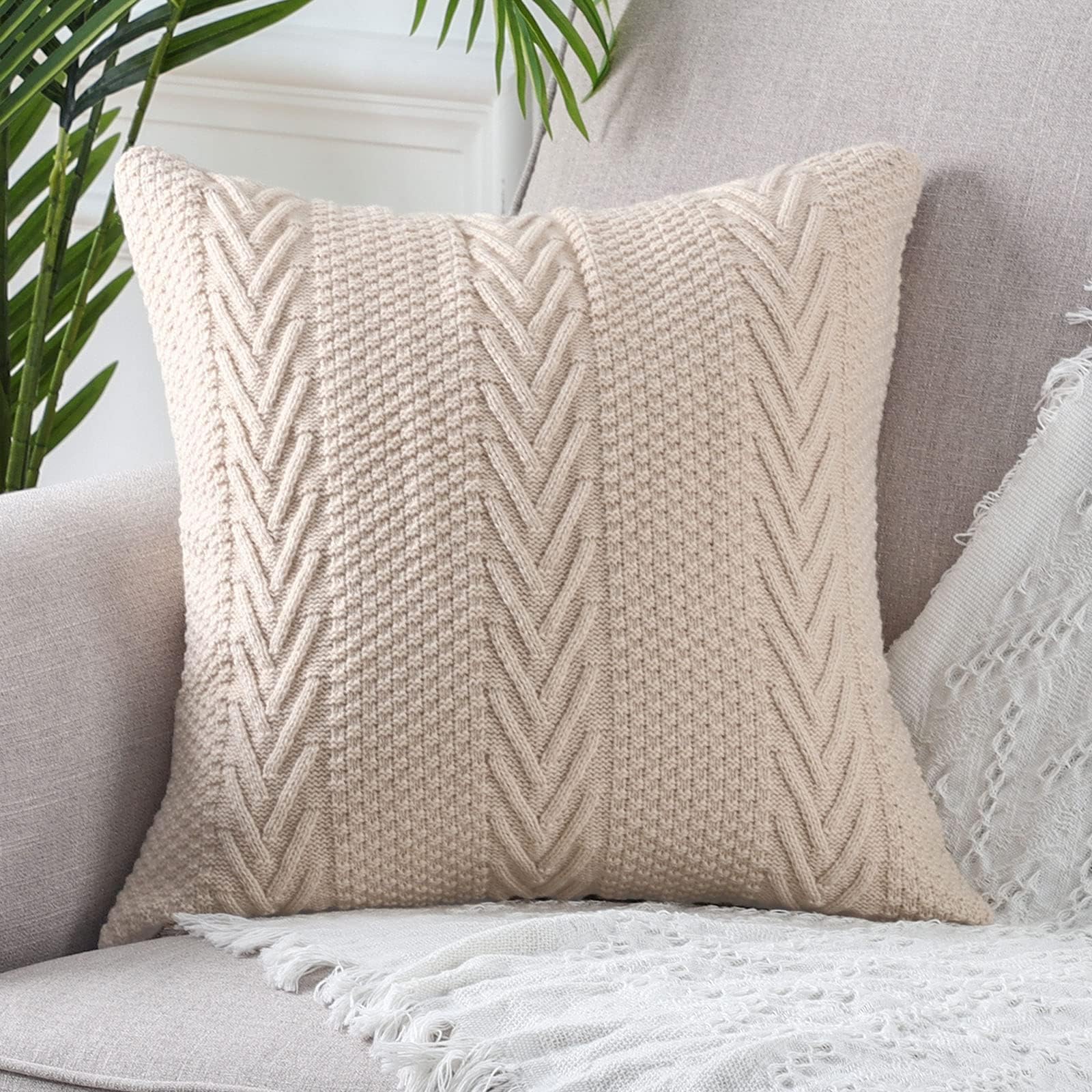 MANDIOO Cotton Knitted Decorative Throw Pillow Covers Soft Cozy Outdoor Cushion Cases Luxury Modern Pillowcases for Couch Sofa Bed 18x18 Inches Beige