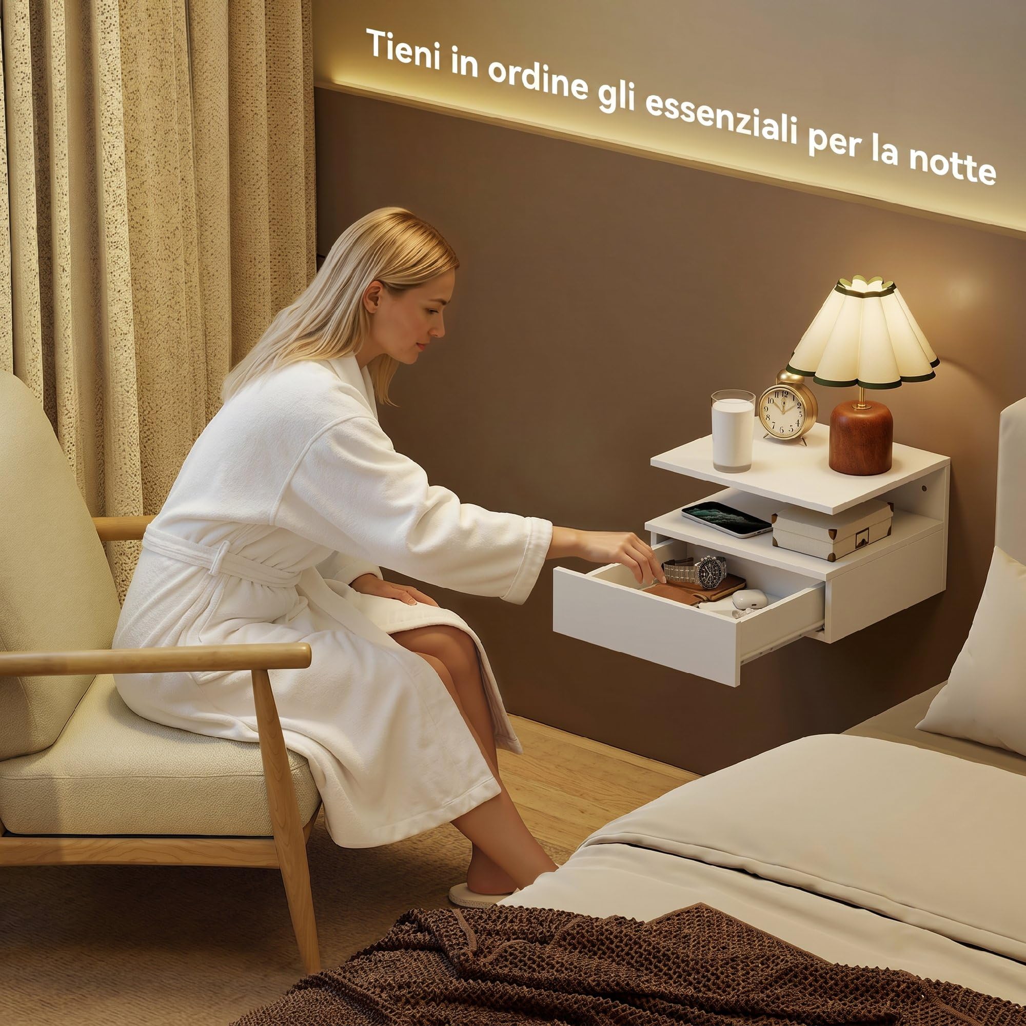 HOMCOM Set di 2 Comodini Camera da Letto Sospesi con Stazione di Ricarica, Coppia di Comodino Salvaspazio Moderno con Cassetto e Scomparto Aperto, Tavolini per Camera da Letto, 40x35x30 cm, Bianco