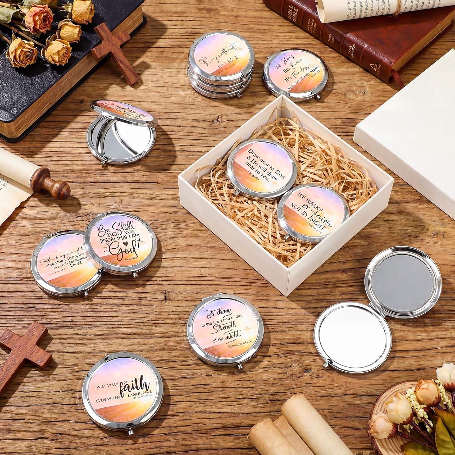 36 Sets Mother's Day Church Gifts Bulk Christian Compact Makeup Mirror Bible Verse Round Pocket Mirror with Gift Cards Organza Bags for Women (18 Style)